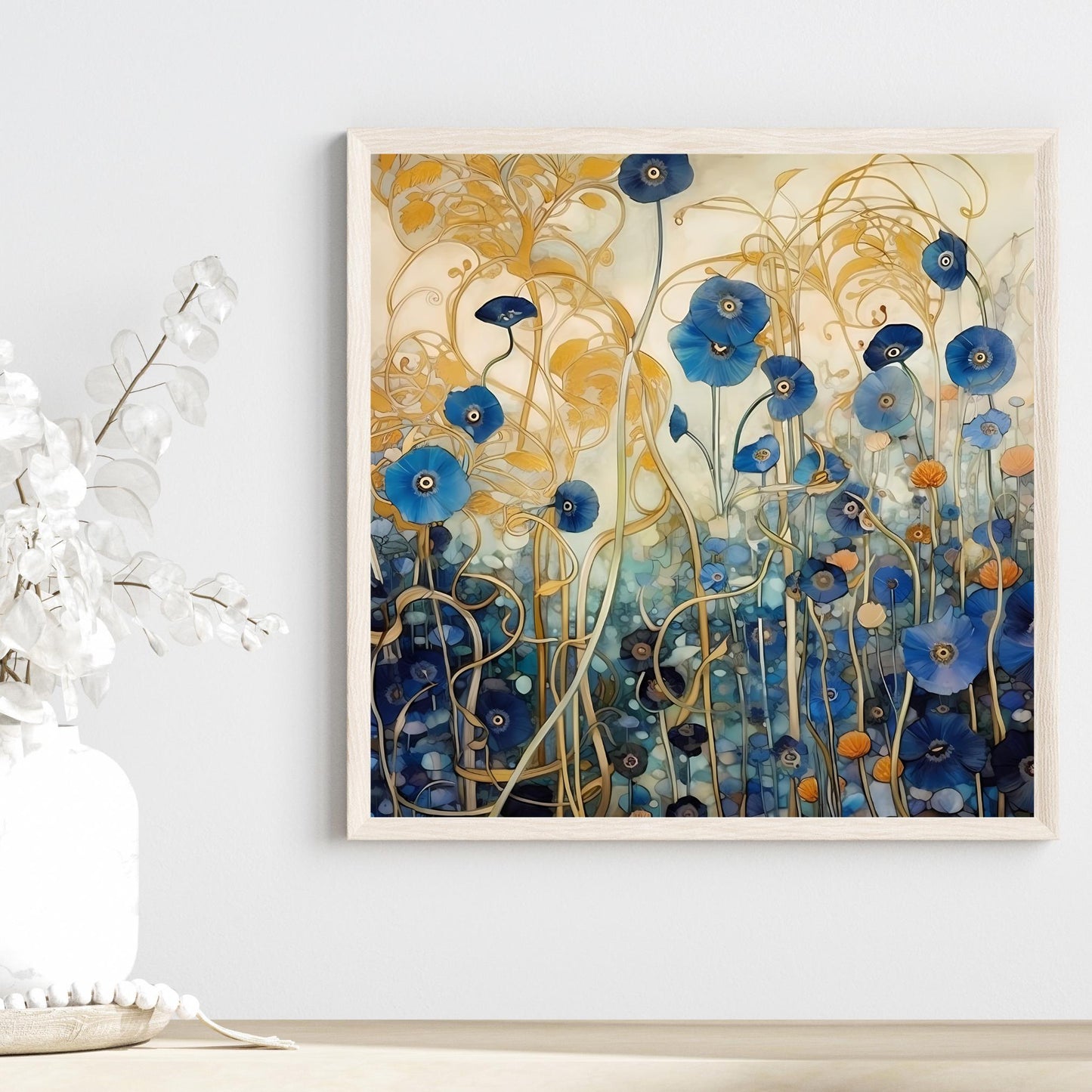 Klimt Inspired Ceramic Tile Wall Art, Abstract Floral Art Print, Art Nouveau Blue Poppies Wall Hanging - Art Print Ready to Display
