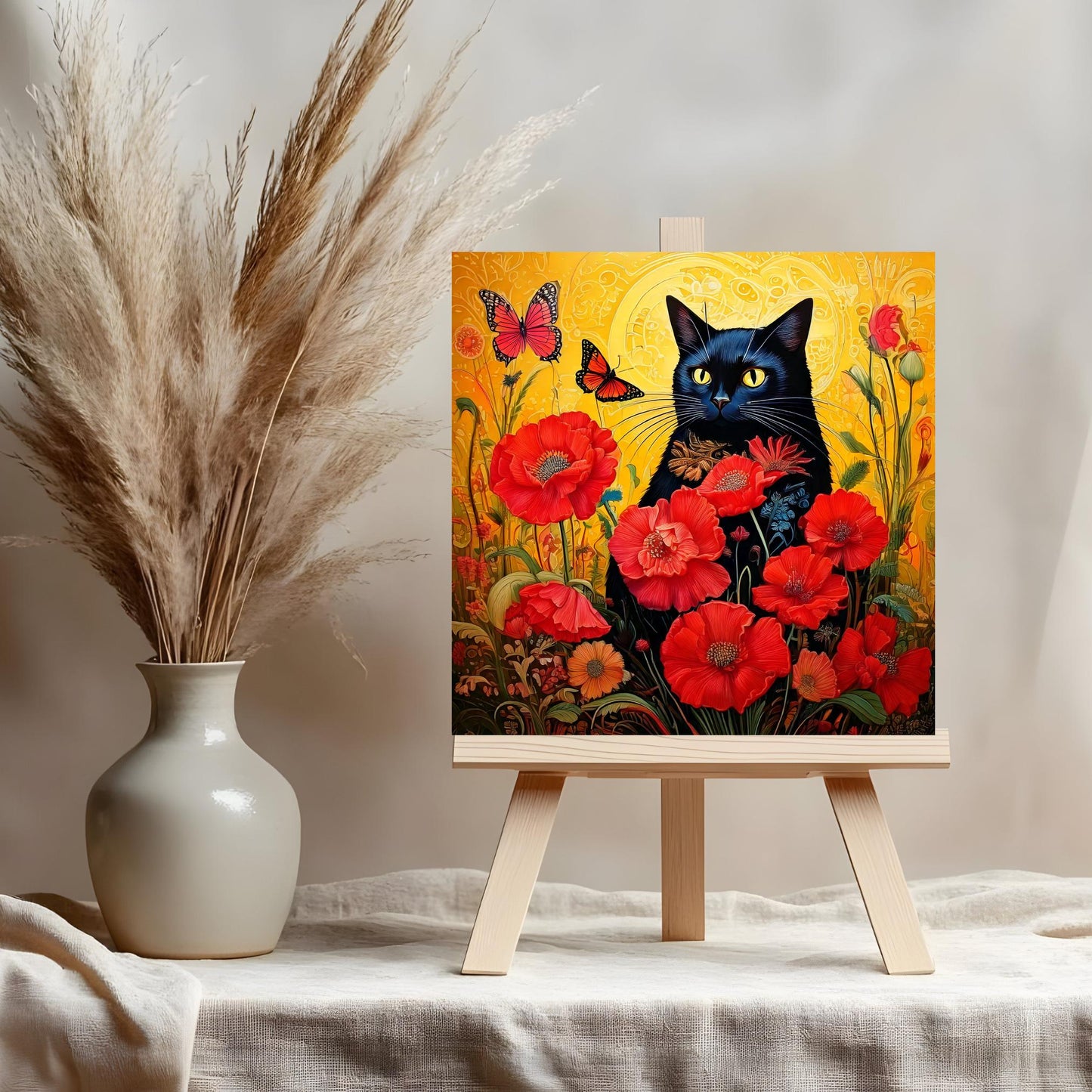 Black Cat Ceramic Art Tile | Art Nouveau Style | Beautiful Red Poppies | Floral Art | Ideal Gift for Cat Enthusiasts | Art Deco Home Decor