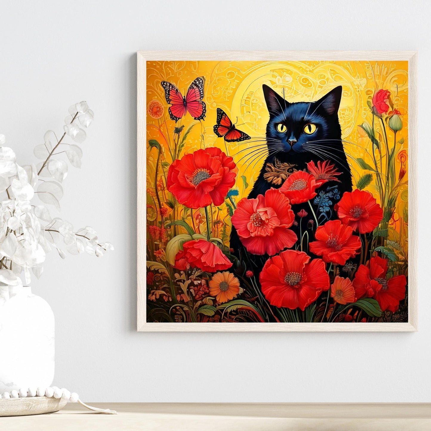 Black Cat Ceramic Art Tile | Art Nouveau Style | Beautiful Red Poppies | Floral Art | Ideal Gift for Cat Enthusiasts | Art Deco Home Decor