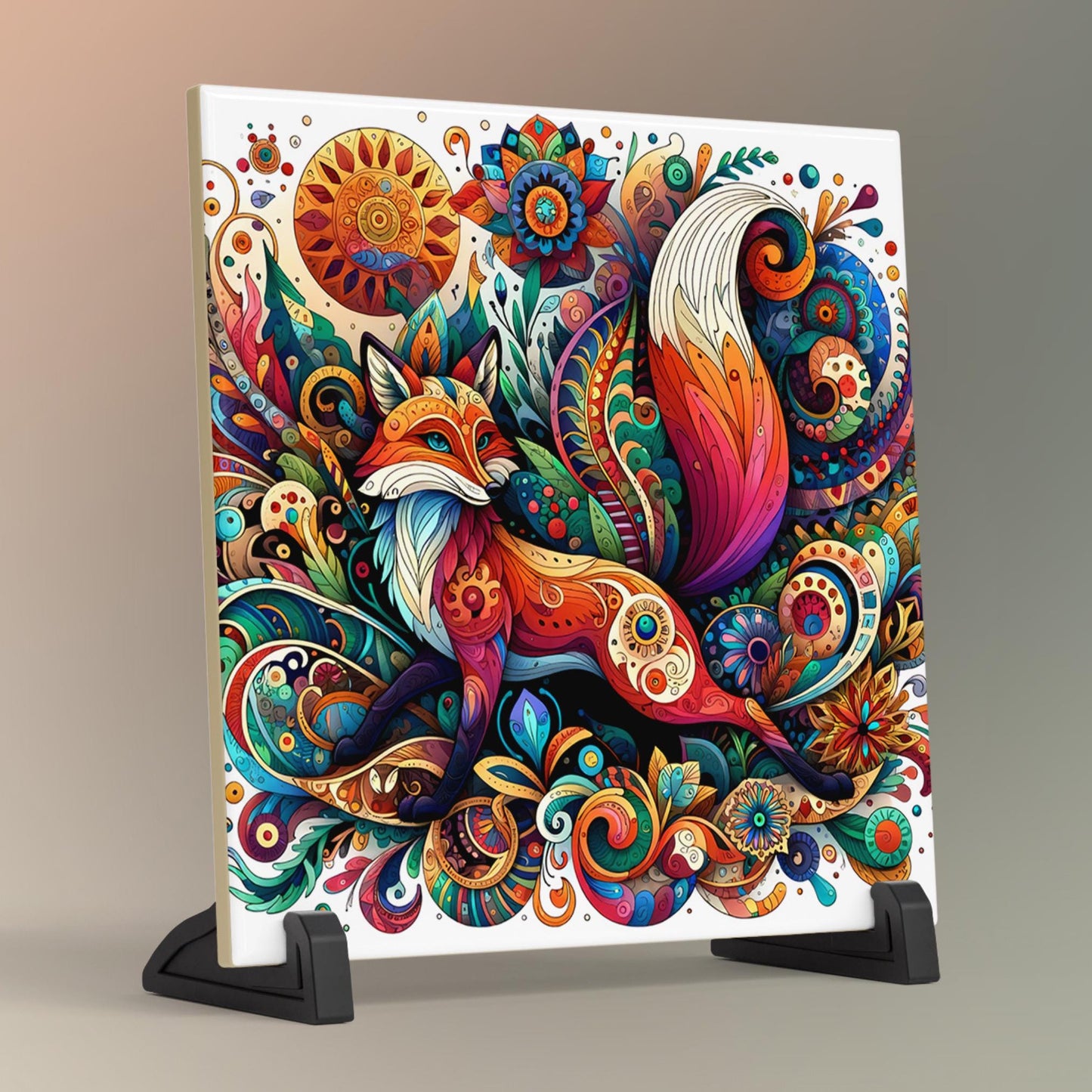 Art Nouveau Fox Ceramic Art Tile, Beautiful Fox in a Whimsical Forest, Art Deco Wall Print, Vintage Fox Art, Ready to Display
