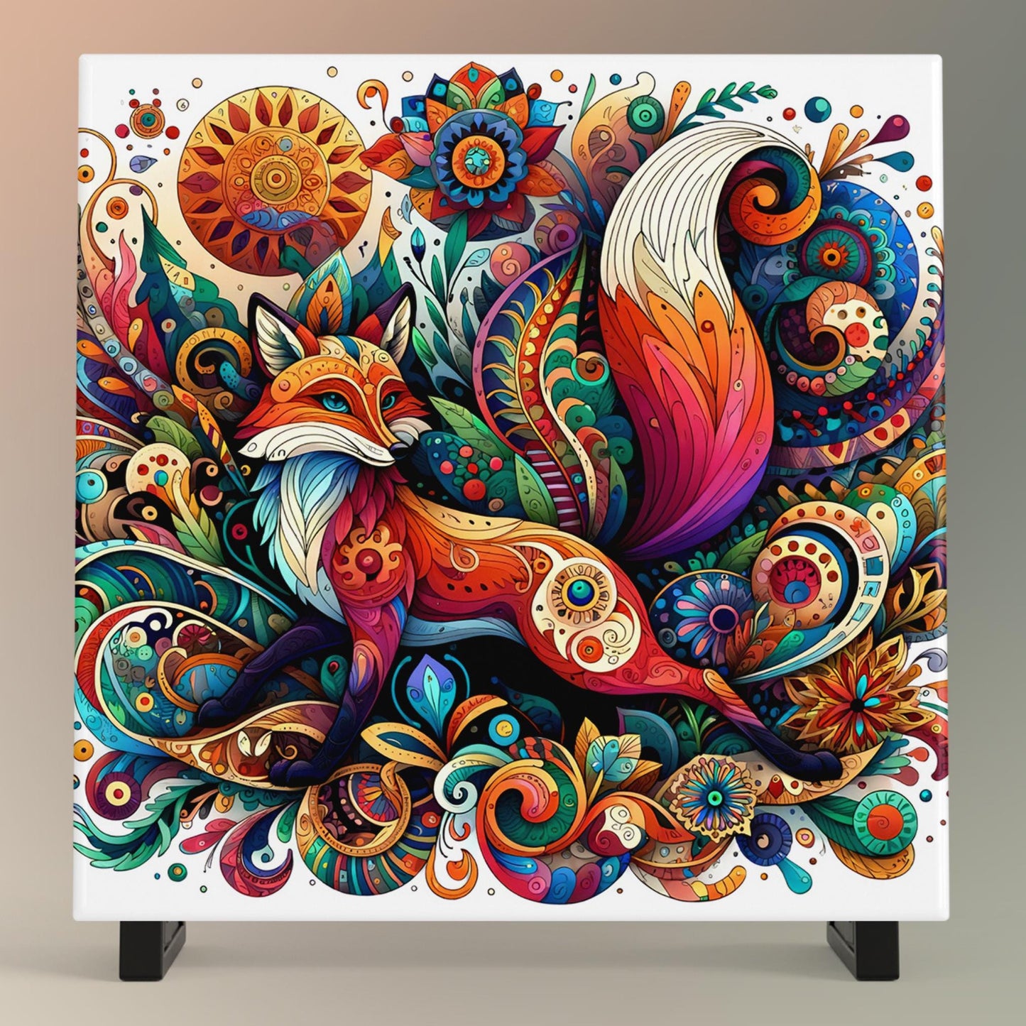 Art Nouveau Fox Ceramic Art Tile, Beautiful Fox in a Whimsical Forest, Art Deco Wall Print, Vintage Fox Art, Ready to Display