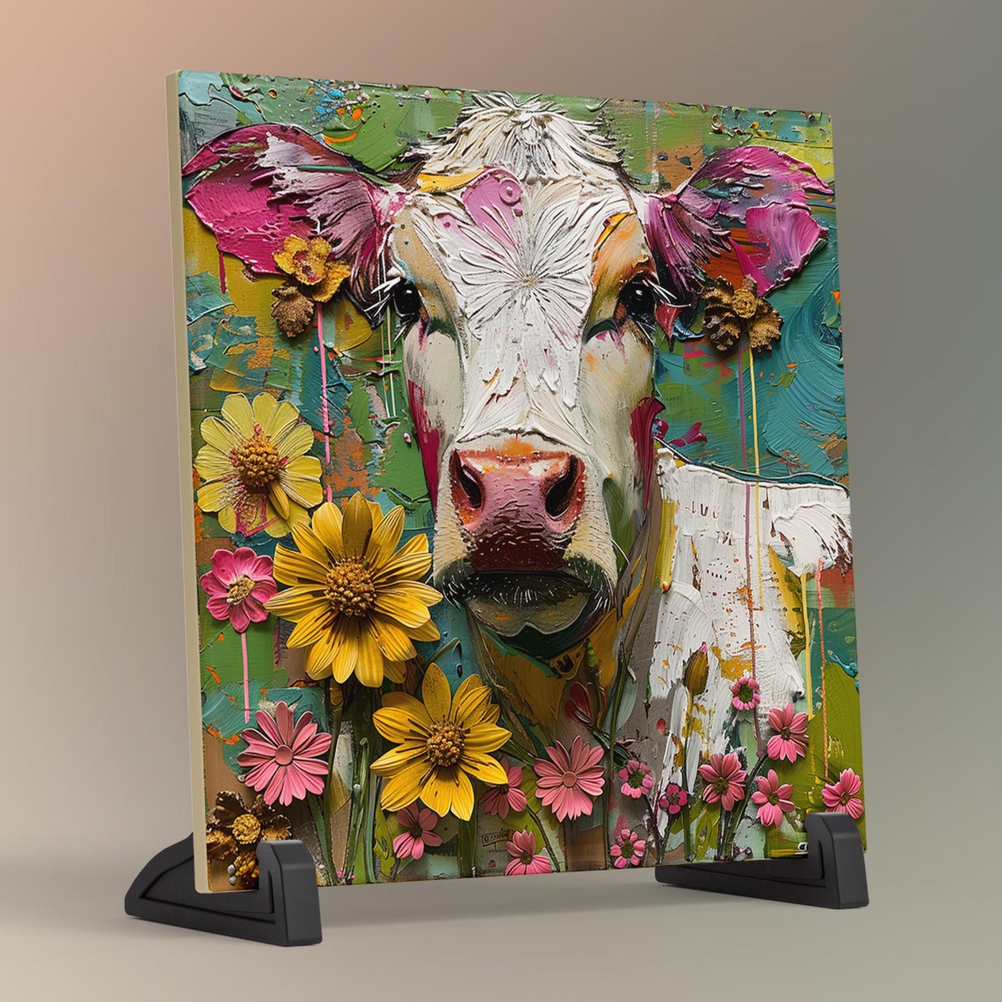 Whimsical Cow Ceramic Art on Tile, Folk Art Animal Decor, Farmhouse Style Print