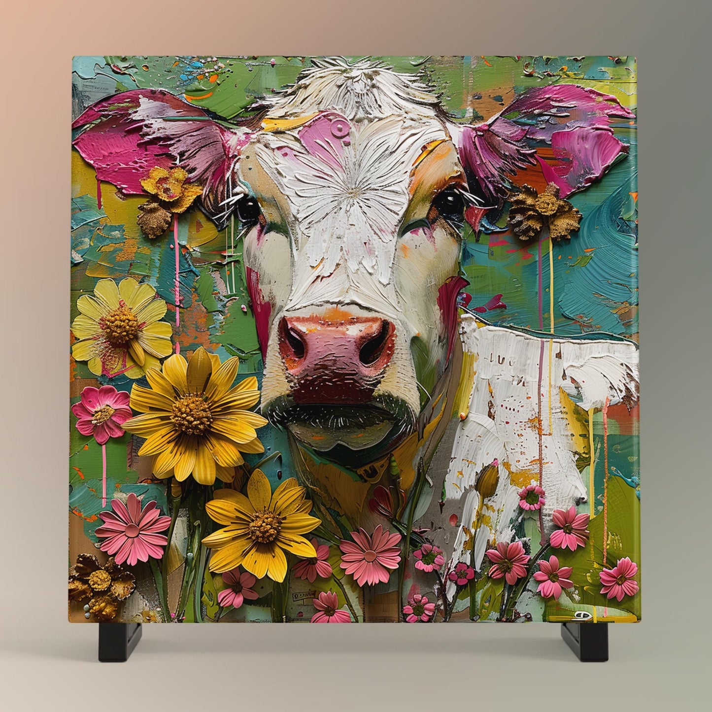Whimsical Cow Ceramic Art on Tile, Folk Art Animal Decor, Farmhouse Style Print