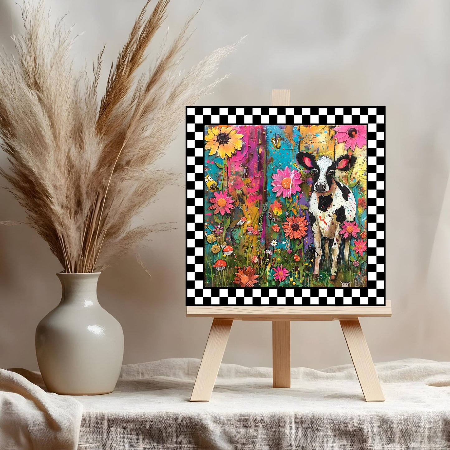 Quirky Black and White Cow Ceramic Art on Tile, Folk Art Animal Decor, Farmhouse Style Print