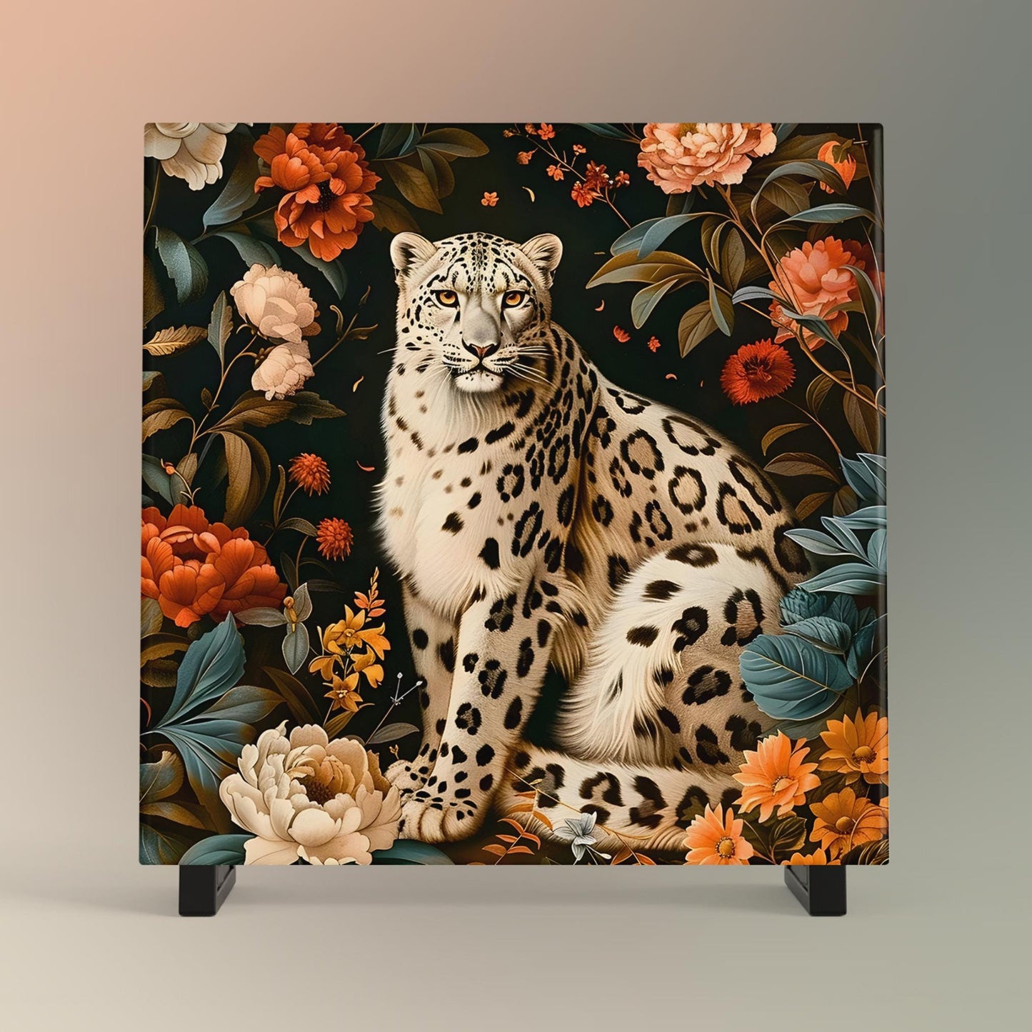 William Morris Inspired Snow Leopard Ceramic Tile | Art Nouveau Wall Decor | Vintage Art | Traditional Decor | Classic Wall Art