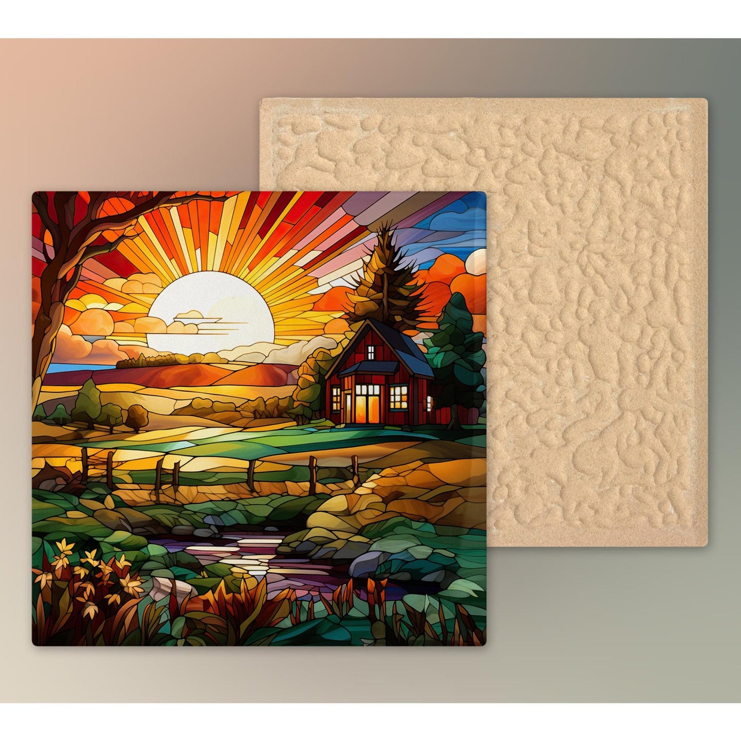 Farmhouse Sunrise Ceramic Tile, Stained Glass Style Wall Art for Unique Home Decor, Nature Inspired Gift for Garden Lovers