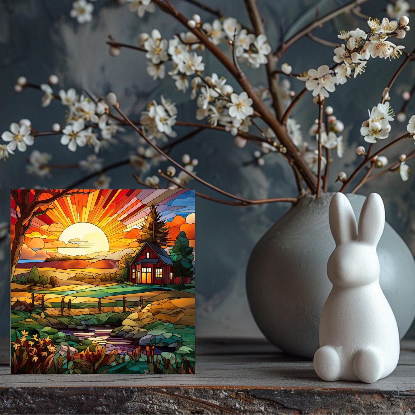 Farmhouse Sunrise Ceramic Tile, Stained Glass Style Wall Art for Unique Home Decor, Nature Inspired Gift for Garden Lovers