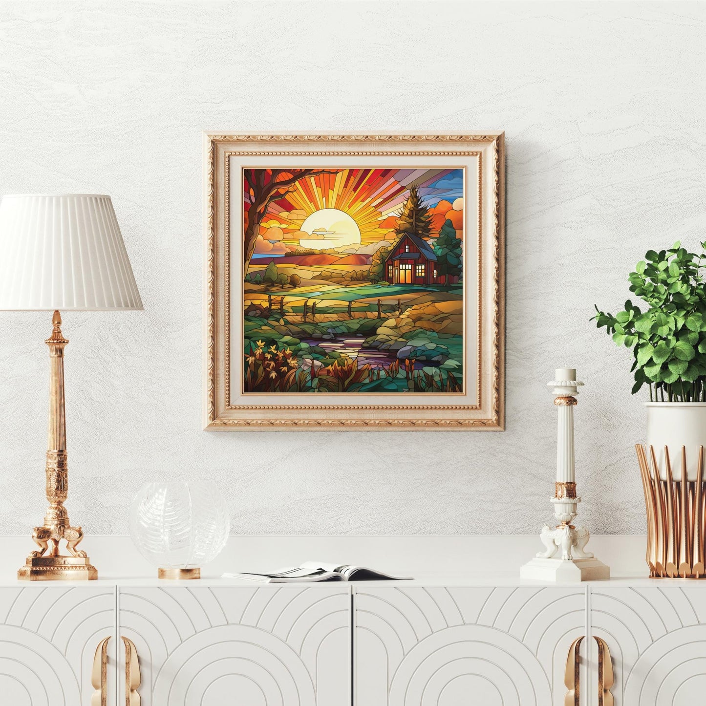 Farmhouse Sunrise Ceramic Tile, Stained Glass Style Wall Art for Unique Home Decor, Nature Inspired Gift for Garden Lovers