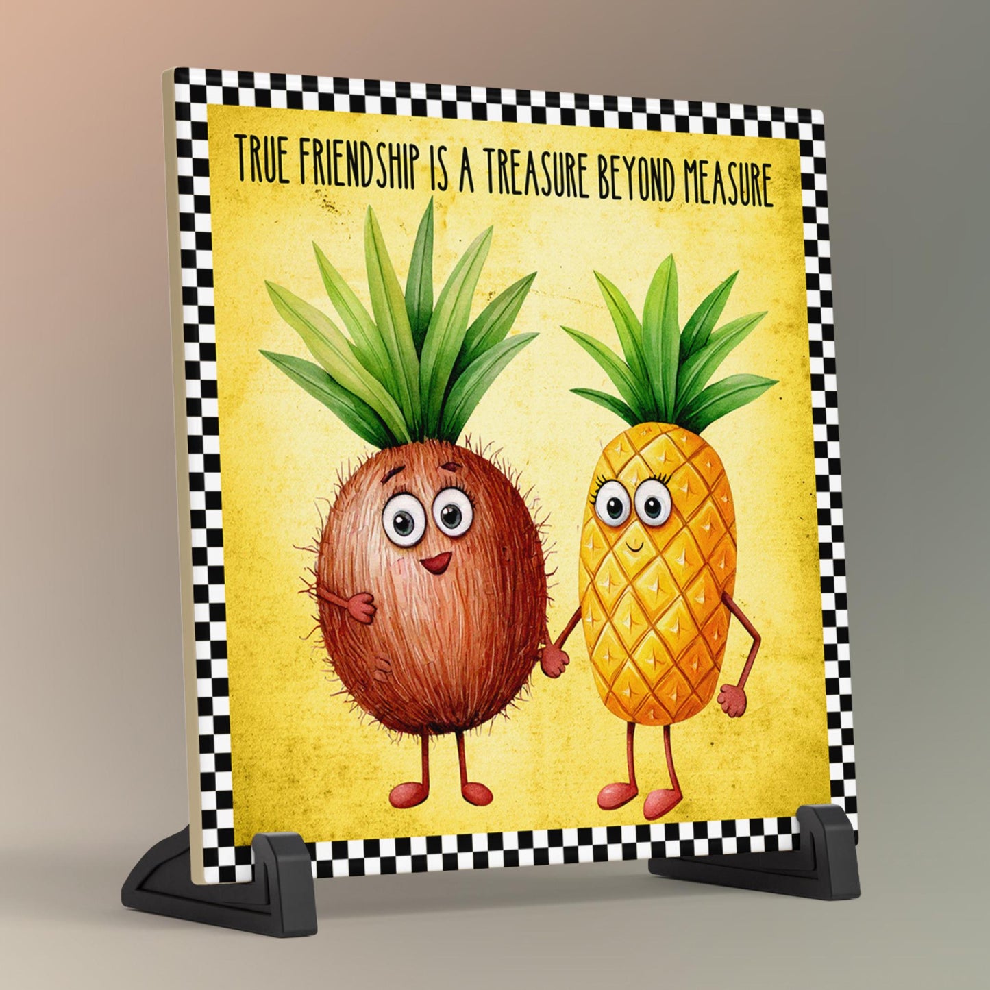 Fruit Wall Art Ceramic Tile, Whimsical Pineapple and Coconut Quote Print for Kitchen Decor, Friendship Gift Idea