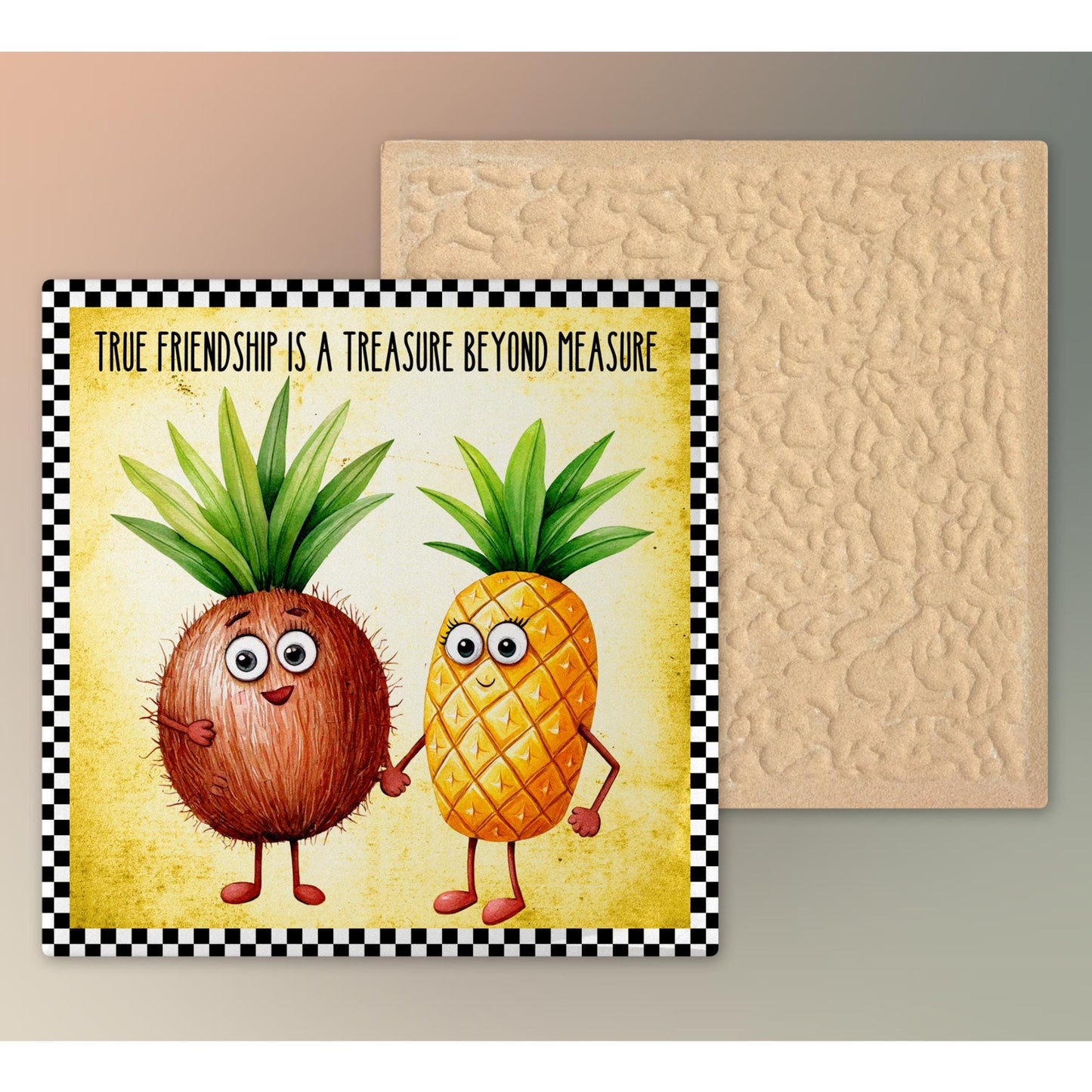 Fruit Wall Art Ceramic Tile, Whimsical Pineapple and Coconut Quote Print for Kitchen Decor, Friendship Gift Idea