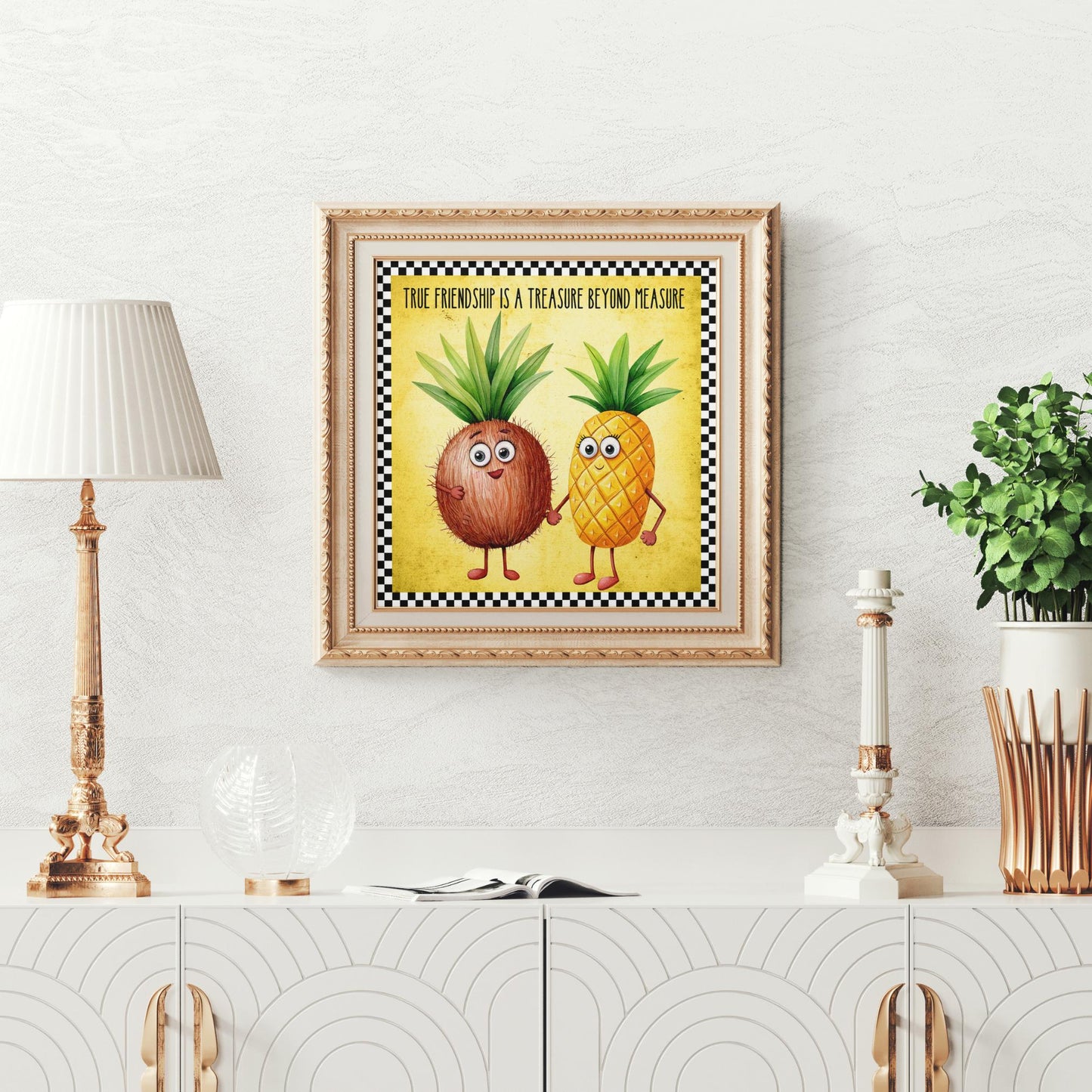 Fruit Wall Art Ceramic Tile, Whimsical Pineapple and Coconut Quote Print for Kitchen Decor, Friendship Gift Idea