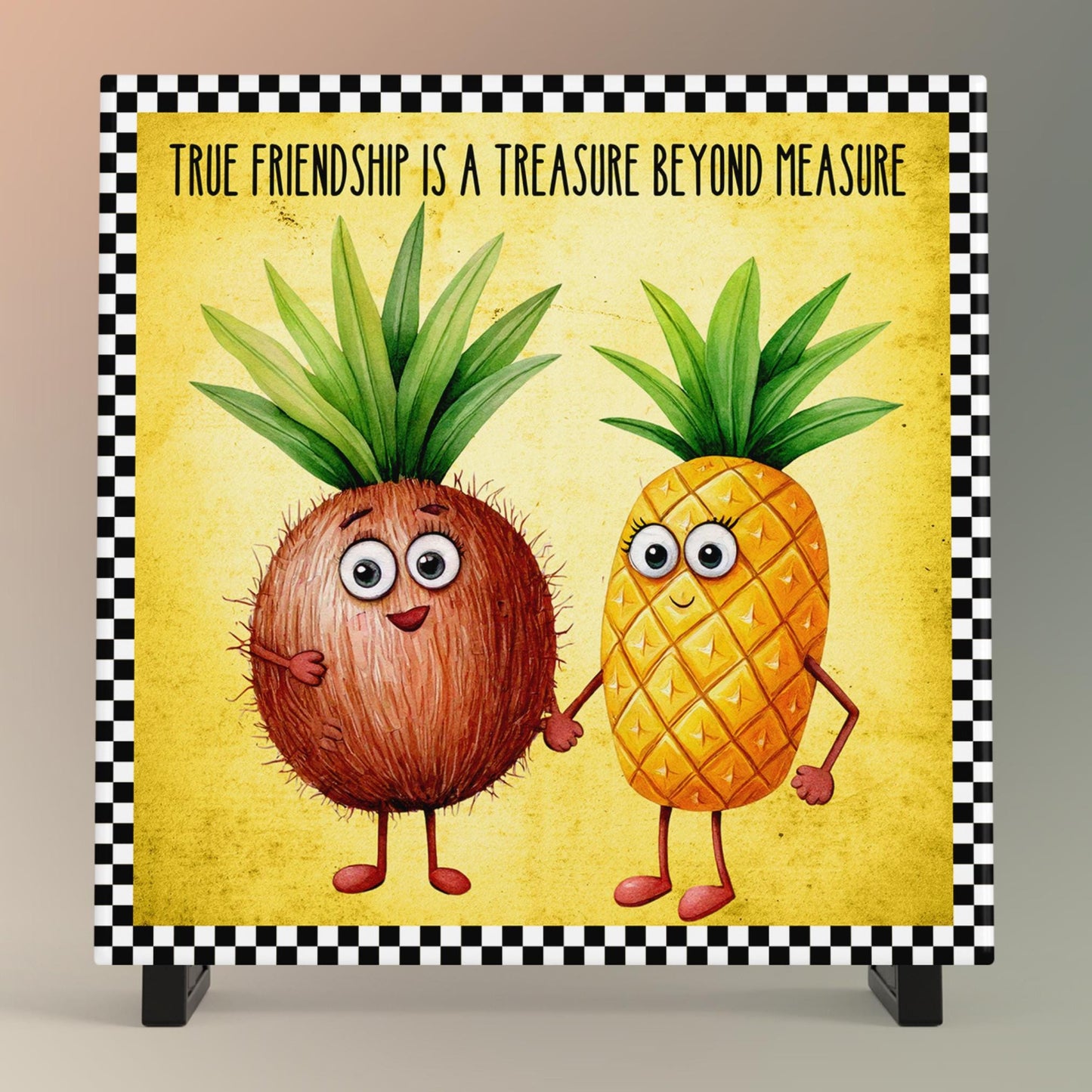 Fruit Wall Art Ceramic Tile, Whimsical Pineapple and Coconut Quote Print for Kitchen Decor, Friendship Gift Idea