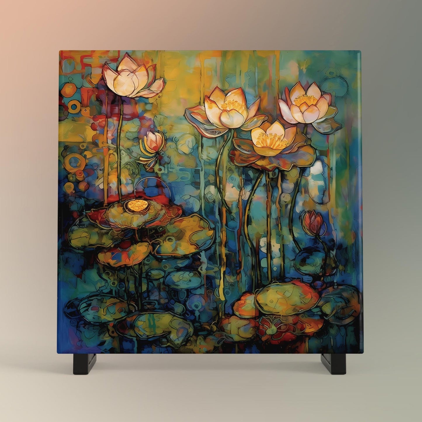 Water Lily Art Tile II - Elegant Art Nouveau Ceramic Tile, Botanical Artwork, Gallery Wall Display - Spring Decor, Floral