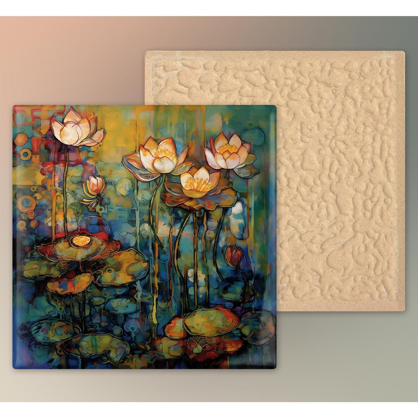 Water Lily Art Tile II - Elegant Art Nouveau Ceramic Tile, Botanical Artwork, Gallery Wall Display - Spring Decor, Floral