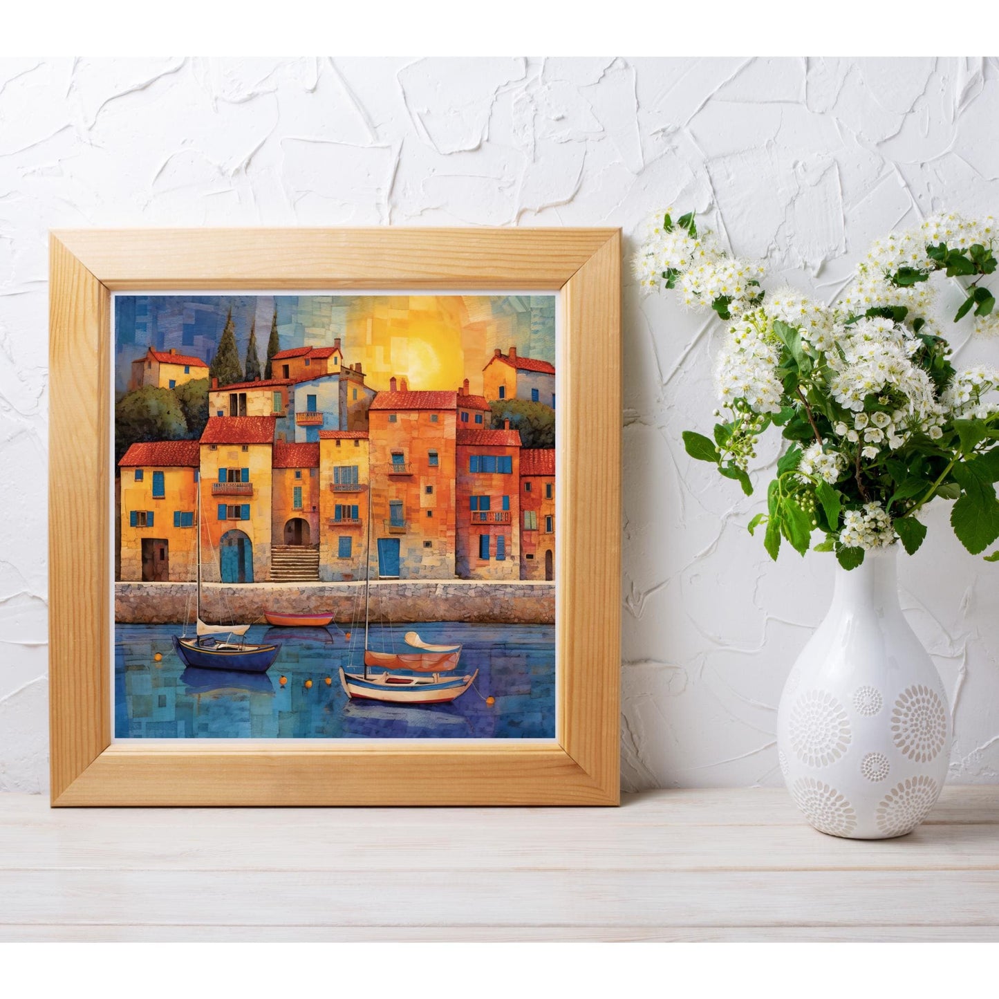Mediterranean Harbor Ceramic Tile Art, Mosaic Look Decor Tile for Kitchen or Bathroom, Coastal Art, Gallery Wall Decor