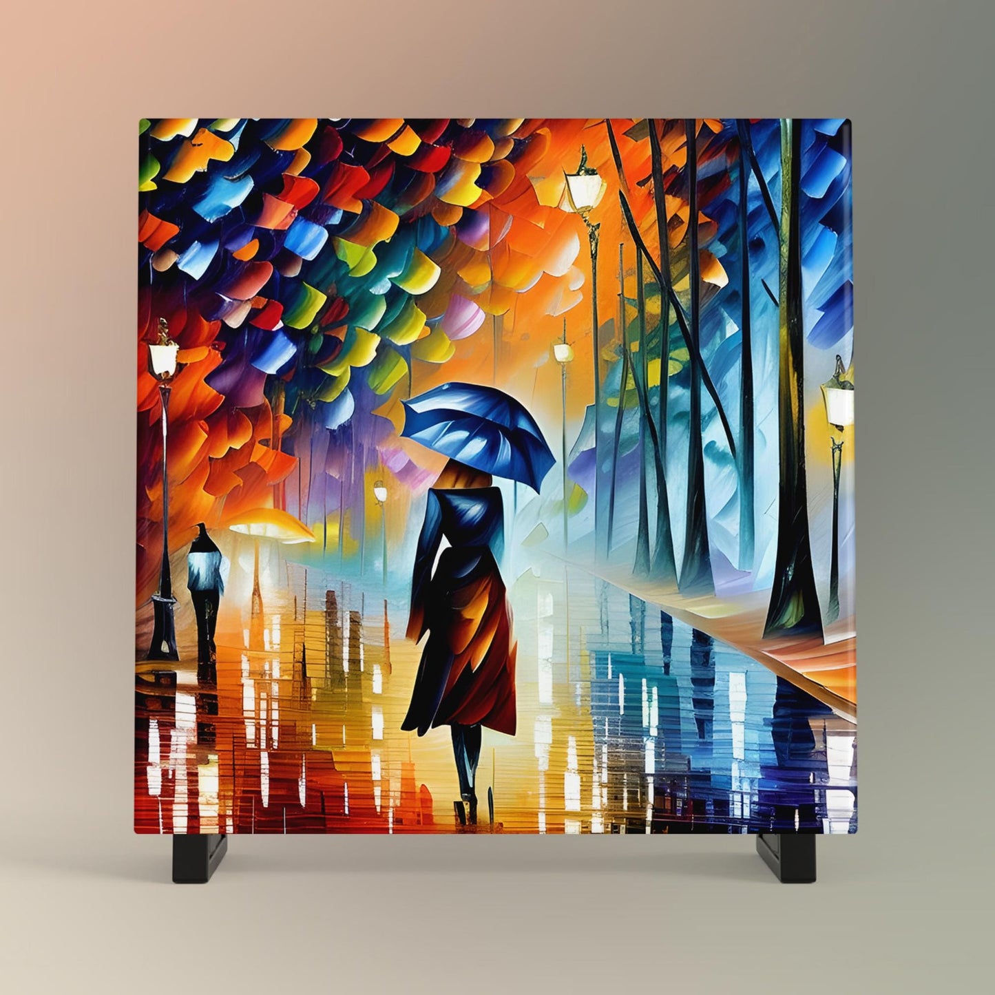 Abstract Art Woman Walking in the Rain, Ceramic Tile, Artwork for Living Room Decor