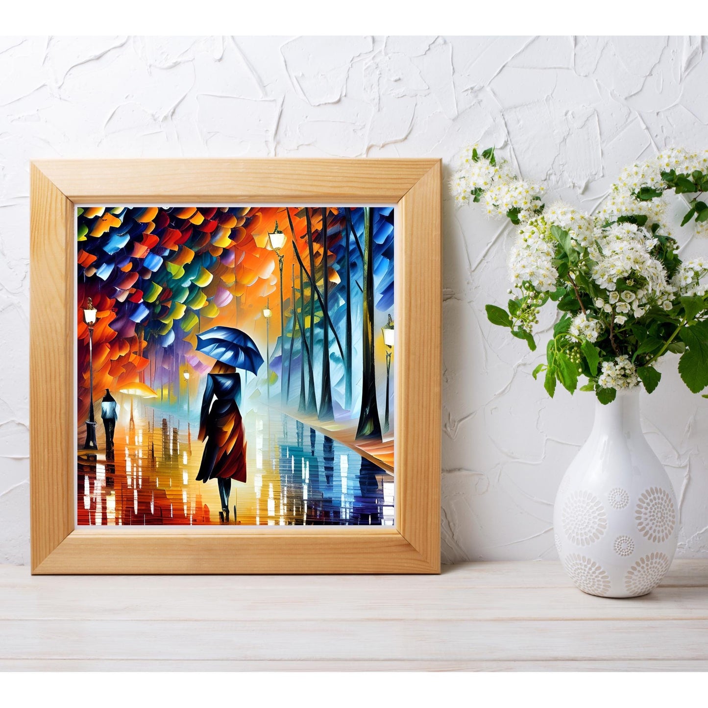 Abstract Art Woman Walking in the Rain, Ceramic Tile, Artwork for Living Room Decor