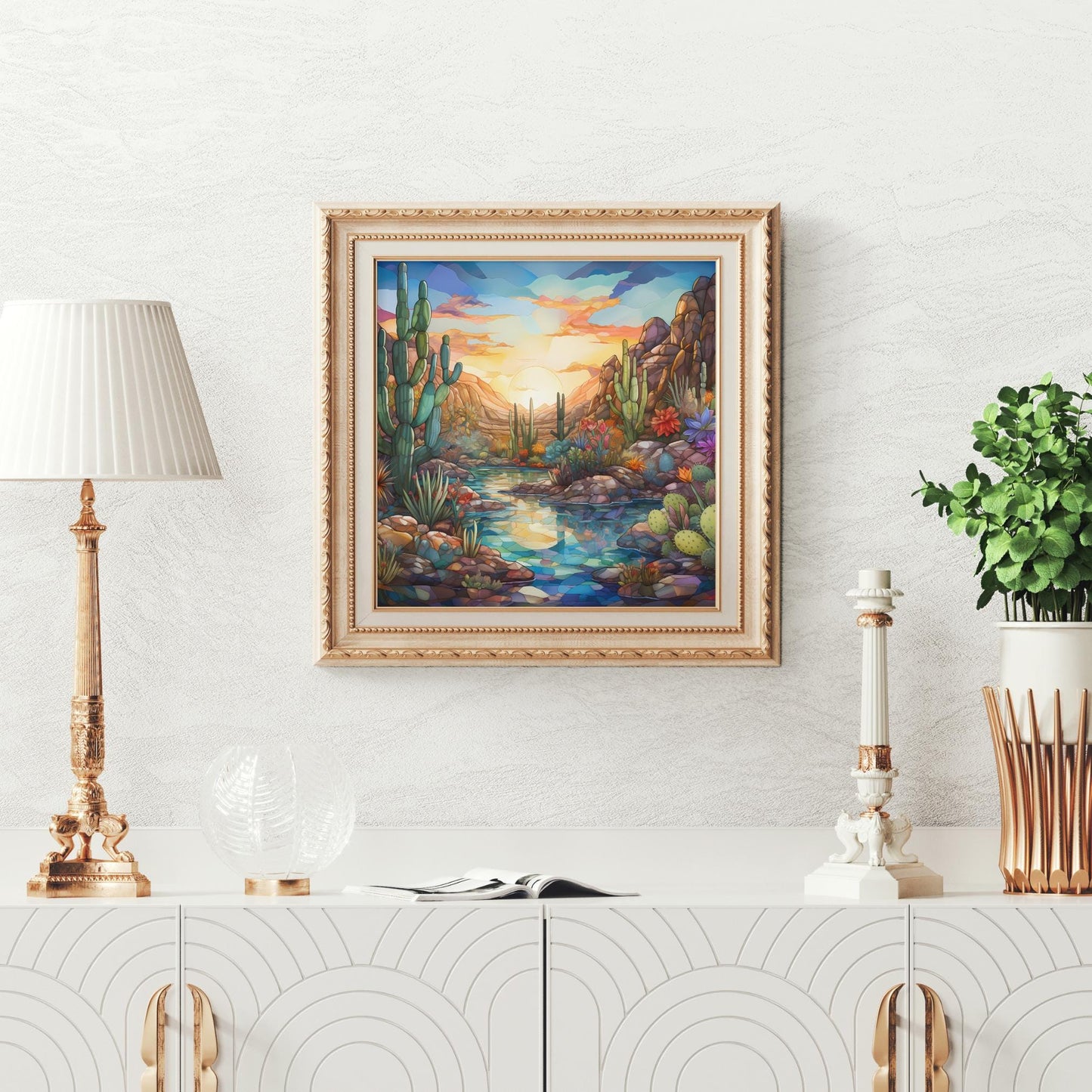 Desert Oasis Ceramic Tile, Stained Glass Print, Handmade Ceramic Wall Decor for Unique Home Accent, Perfect Nature Inspired Gift