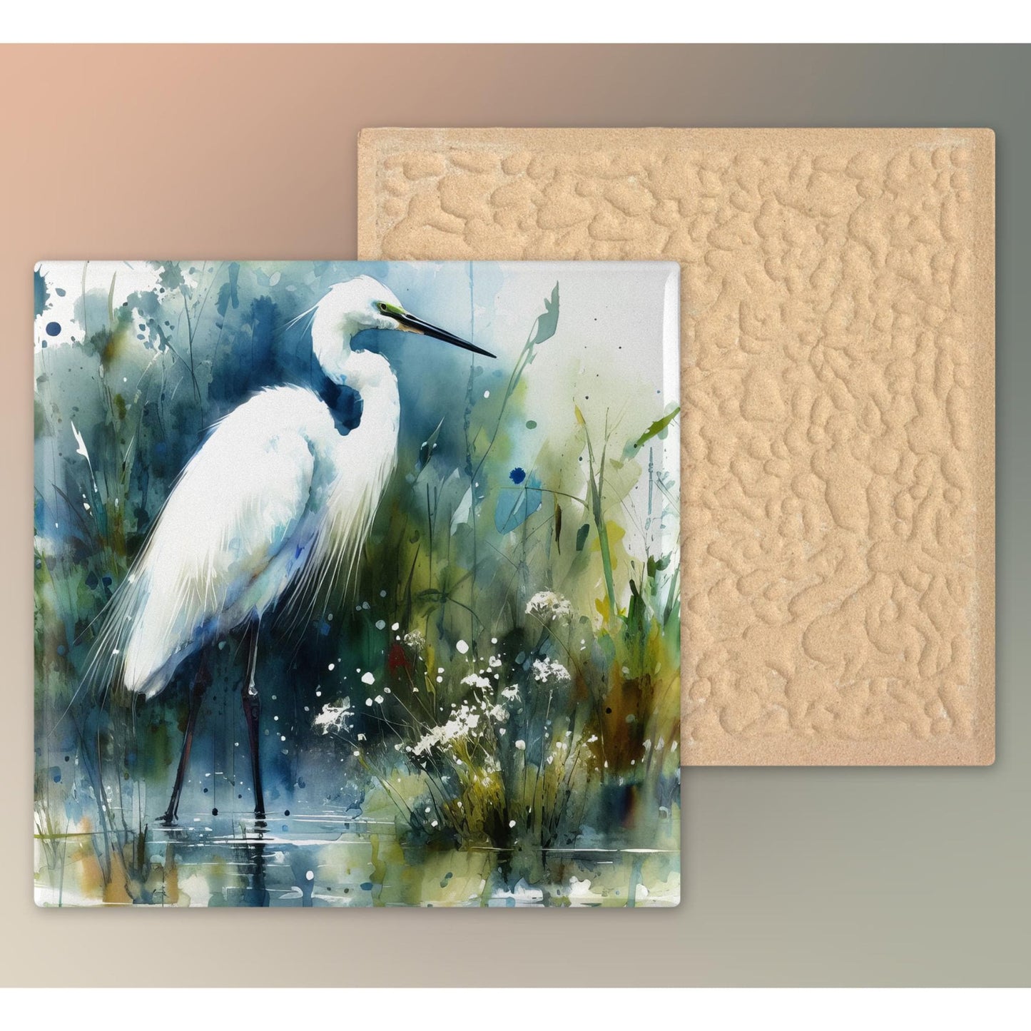 Watercolor Egret Art Tile, Marshland Landscape, Elegant Bird Wall Art, Minimalist Wildlife Painting
