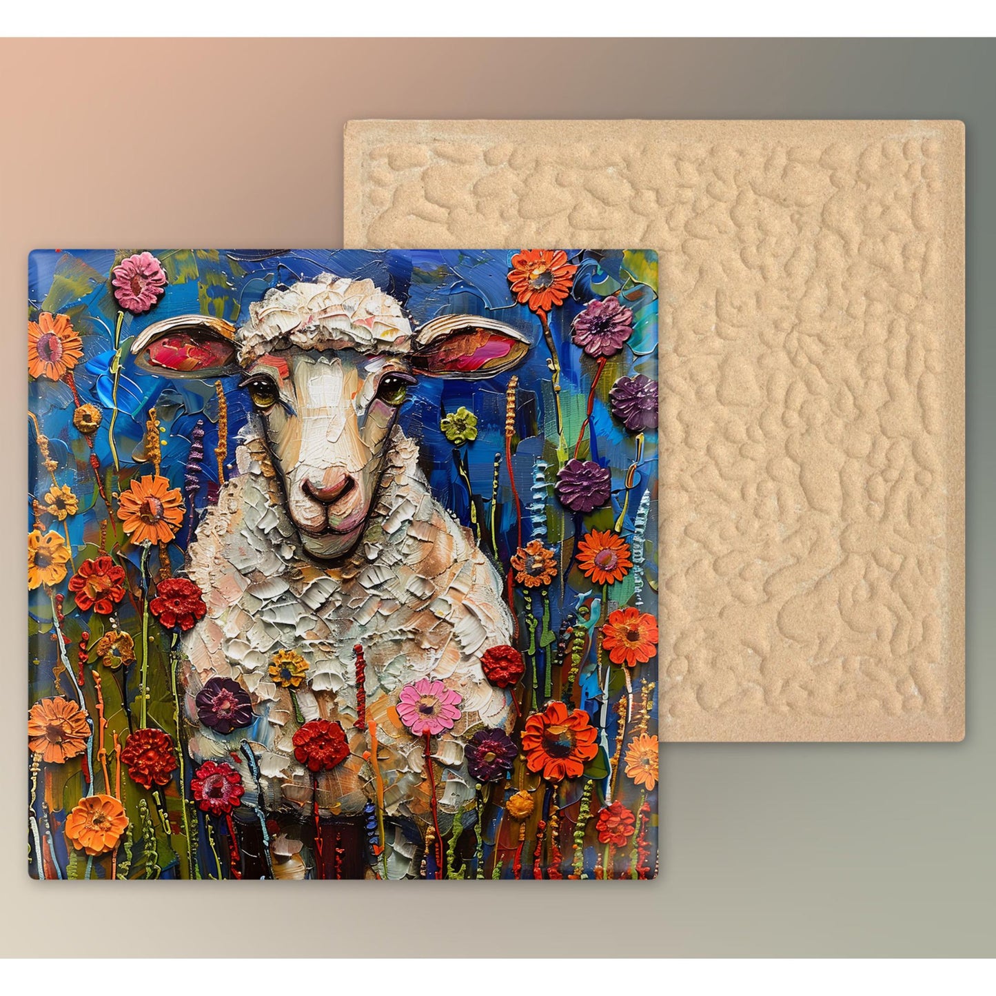 Whimsical Lamb Ceramic Art on Tile, Folk Art Animal Decor, Farmhouse Style Print