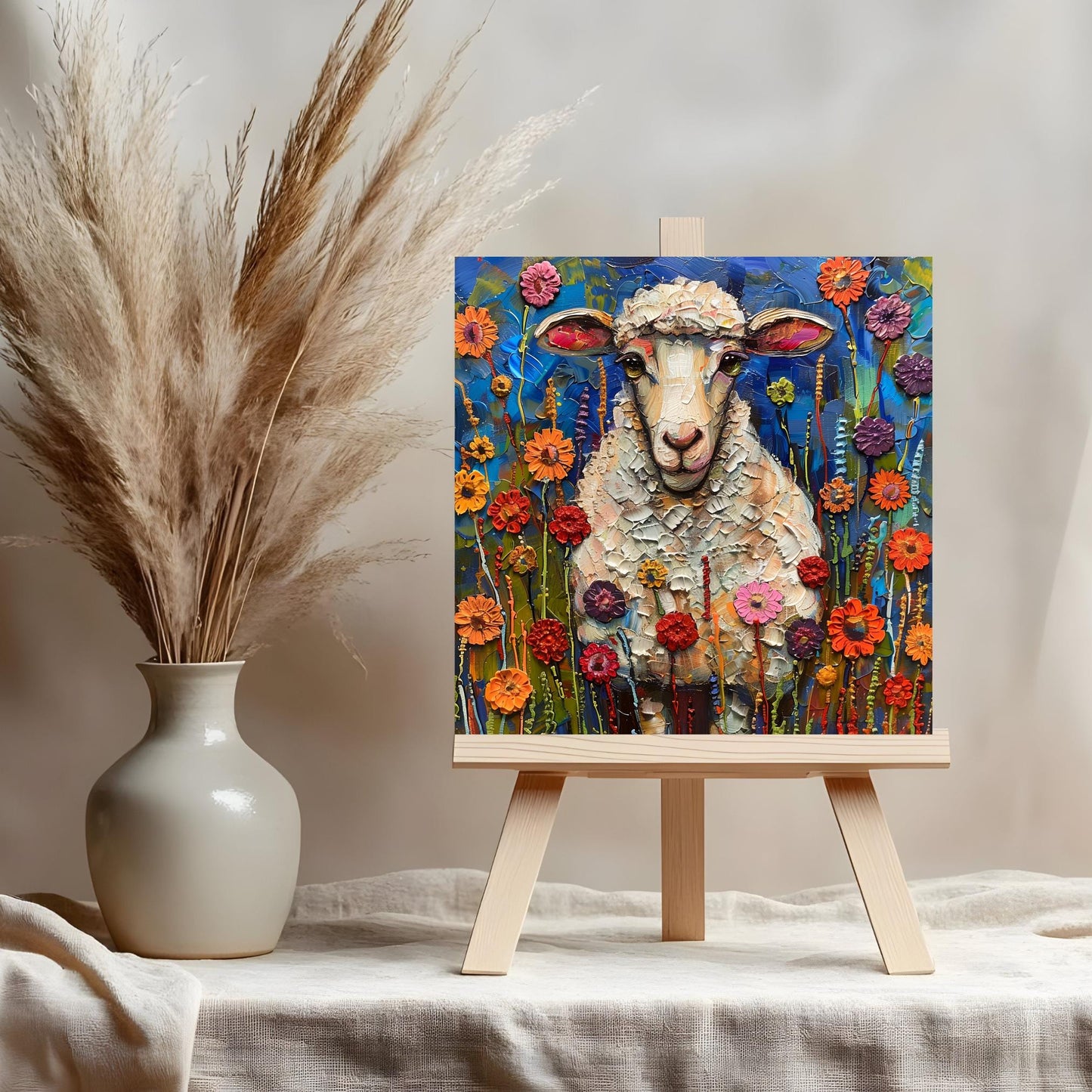 Whimsical Lamb Ceramic Art on Tile, Folk Art Animal Decor, Farmhouse Style Print