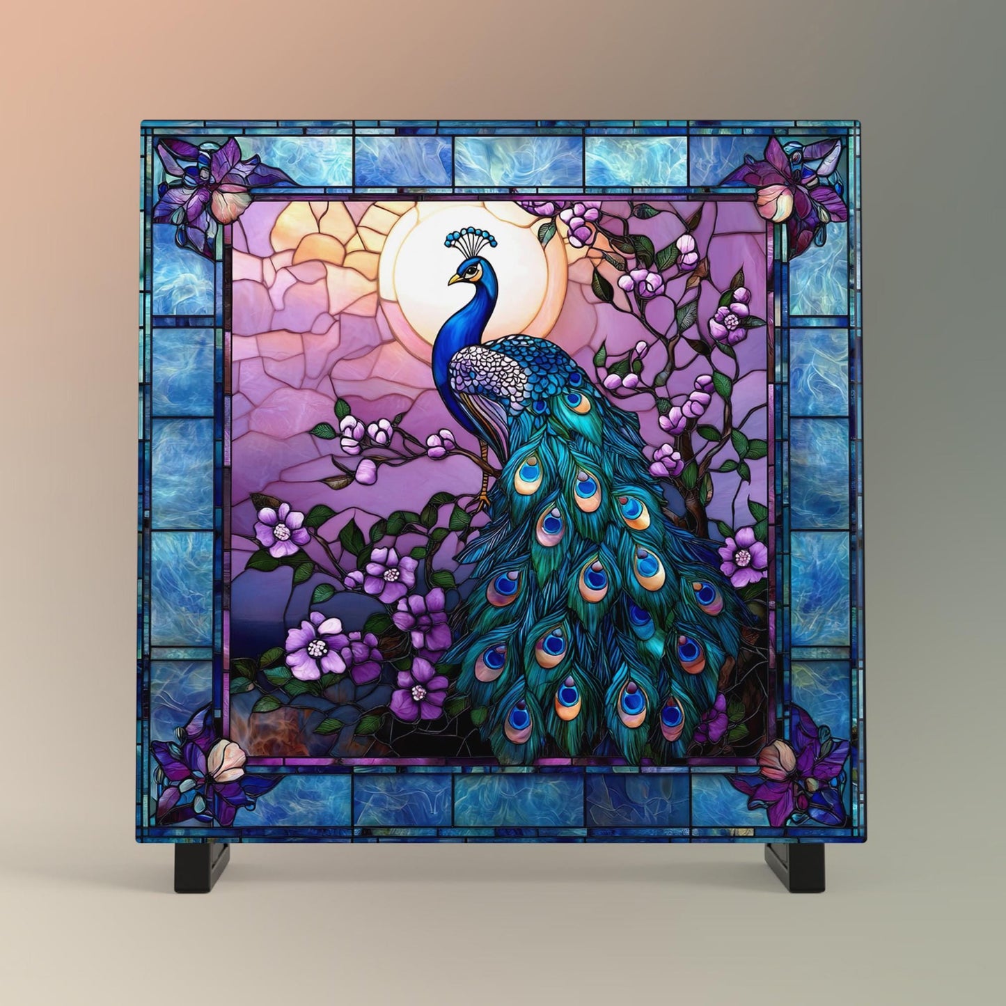 Peacock Ceramic Tile Stained Glass Look | Art Nouveau, Unique Wall Art | Ceramic Wall Decor | Art Deco Bird