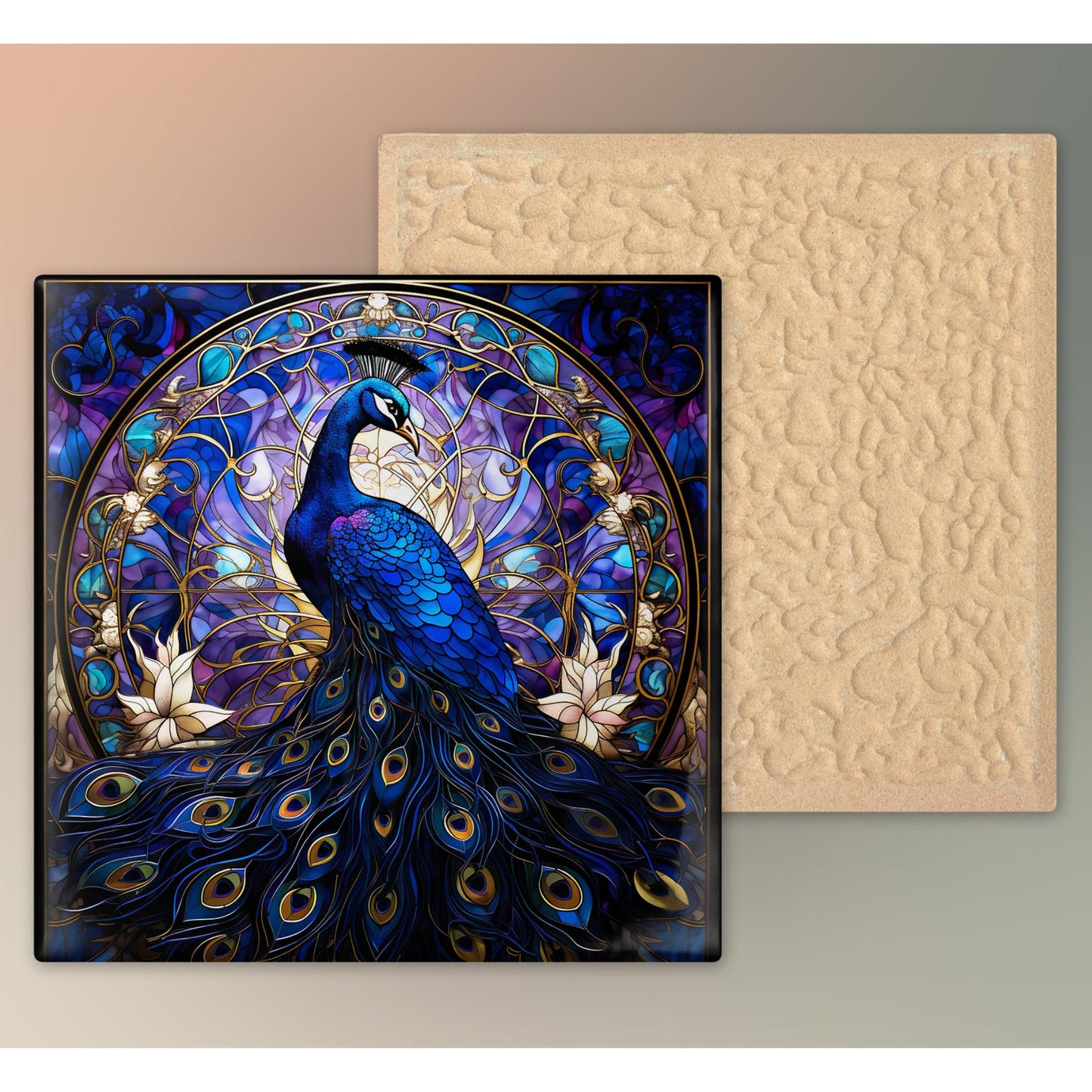 Art Deco Peacock Ceramic Tile | Stained Glass Look | Art Nouveau | Unique Wall Art | Ceramic Wall Decor | Colorful Bird Print