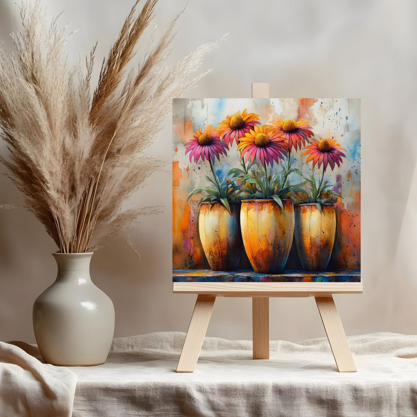 Rustic Floral Ceramic Tile, Vibrant Flower Vase Artwork, Perfect Farmhouse Decor for Spring Home Accents
