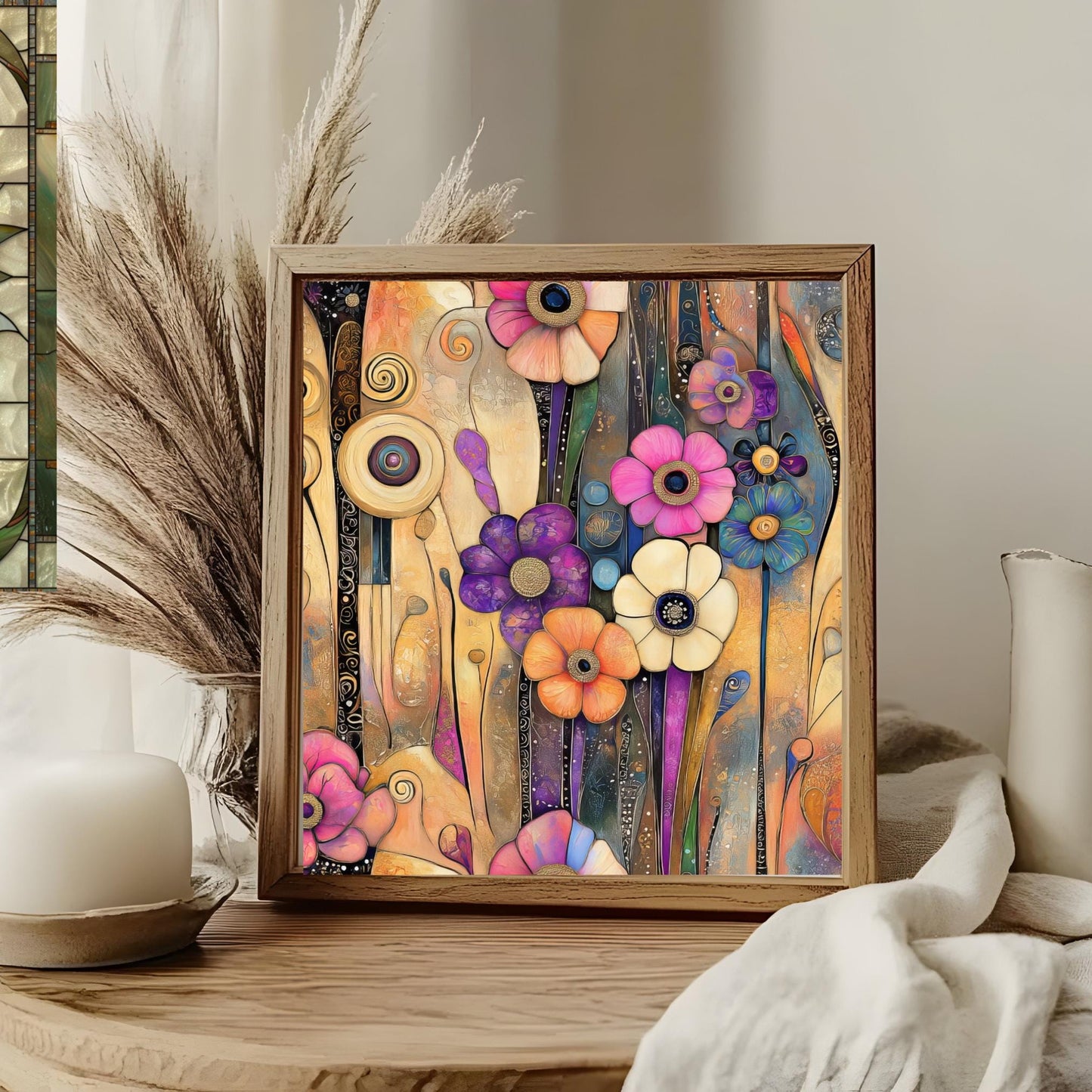 Abstract Floral Ceramic Tile Wall Art, Klimt Inspired Flower Decor, Art Nouveau Wall Hanging - Art Print Ready to Display