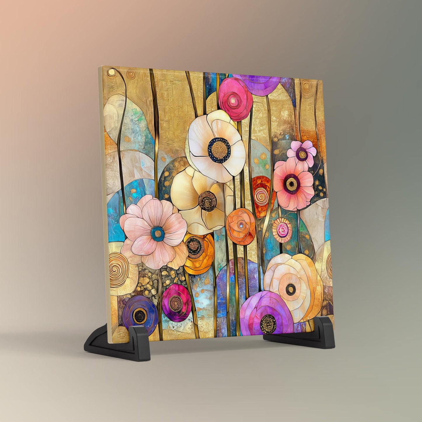 Abstract Flower Art Ceramic Tile, Klimt Inspired Flower Decor, Art Nouveau Wall Hanging - Art Print Ready to Display