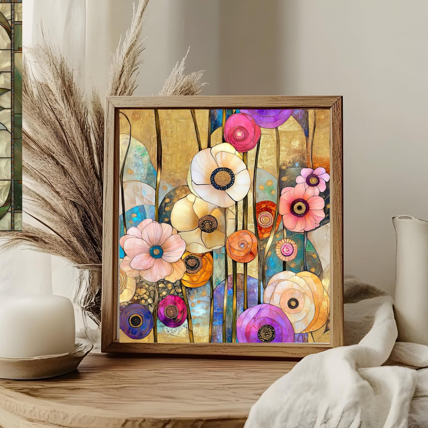 Abstract Flower Art Ceramic Tile, Klimt Inspired Flower Decor, Art Nouveau Wall Hanging - Art Print Ready to Display