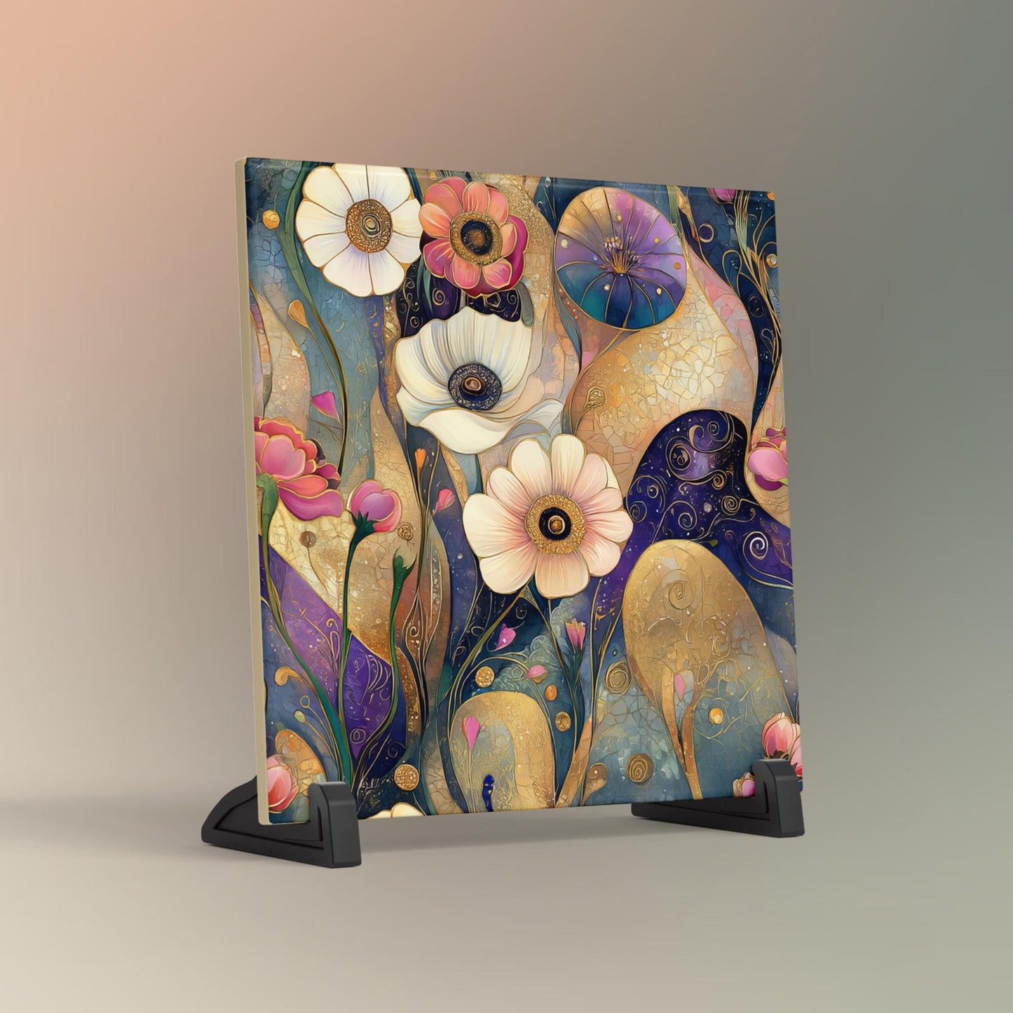 Klimt Inspired Floral Ceramic Tile Wall Art, Klimt Inspired Flower Decor, Art Nouveau Wall Hanging - Art Print Ready to Display