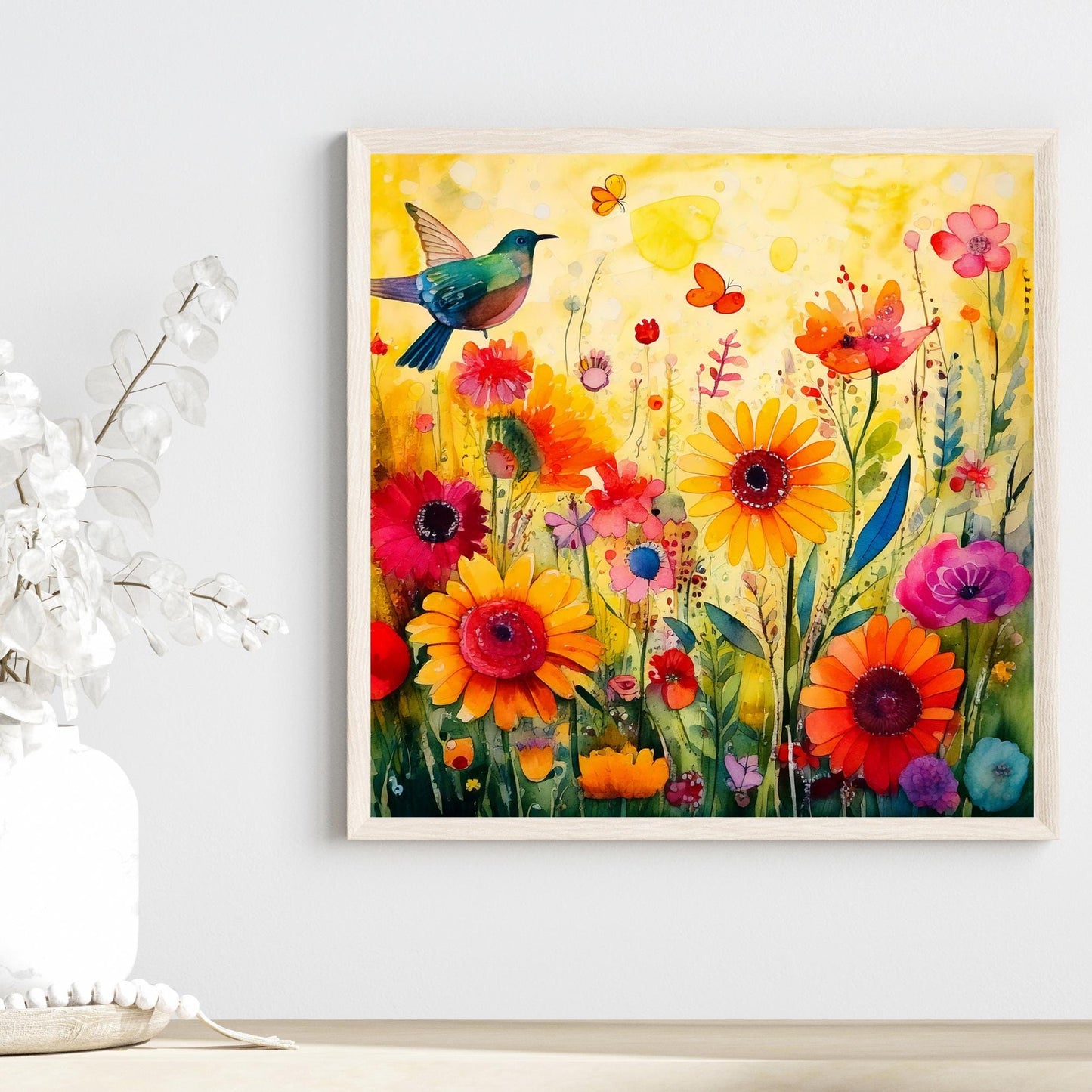 Hummingbird and Wildflowers Ceramic Art Tile | Wall Decor | Spring Home Decor | Floral Art | Whimsical Flowers | Wall Tile | Gift for Mom