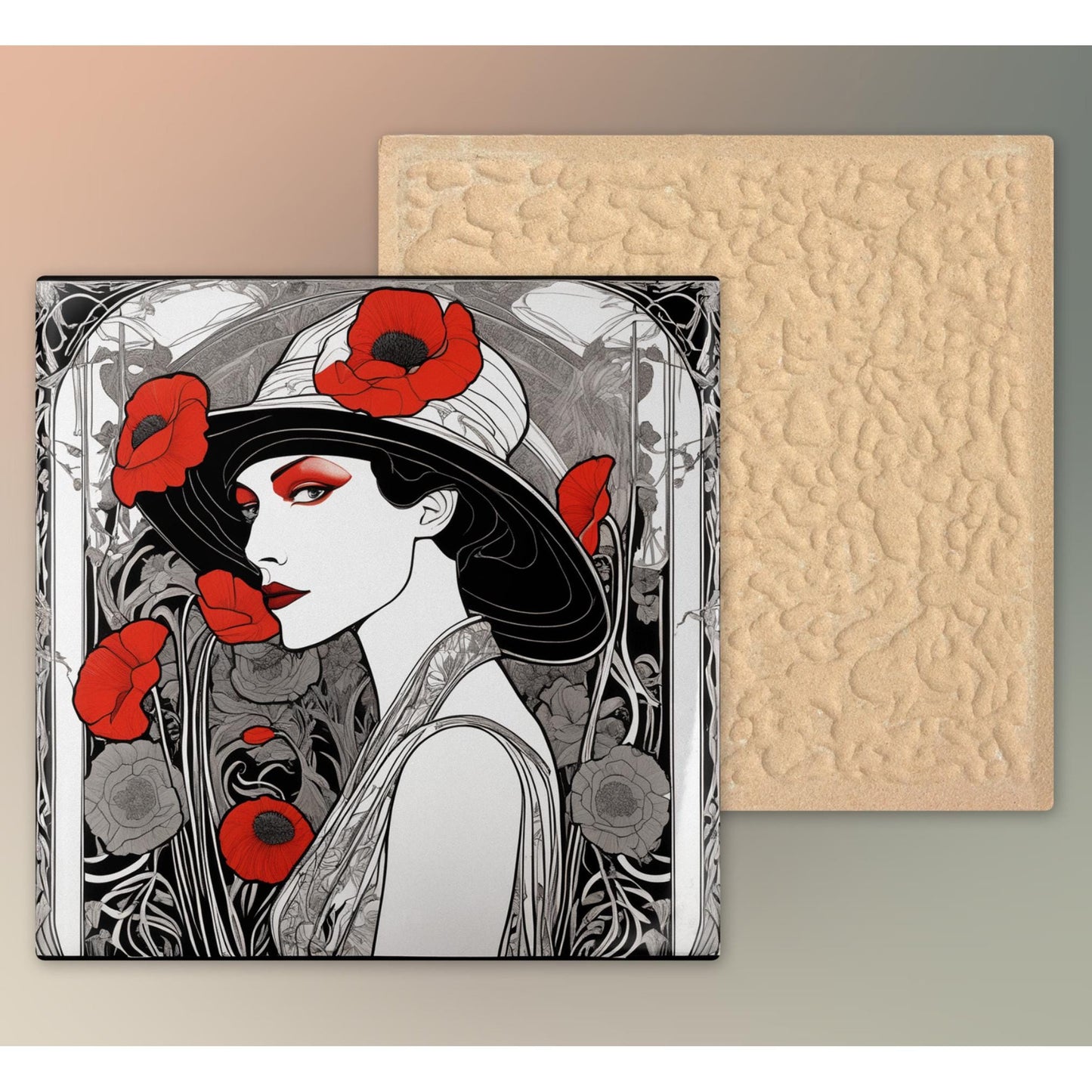 Art Deco Ceramic Tile Art - Red Poppies Woman Design - Elegant Wall Decor for Home - Unique Gift for Art Lovers - Black and White Art