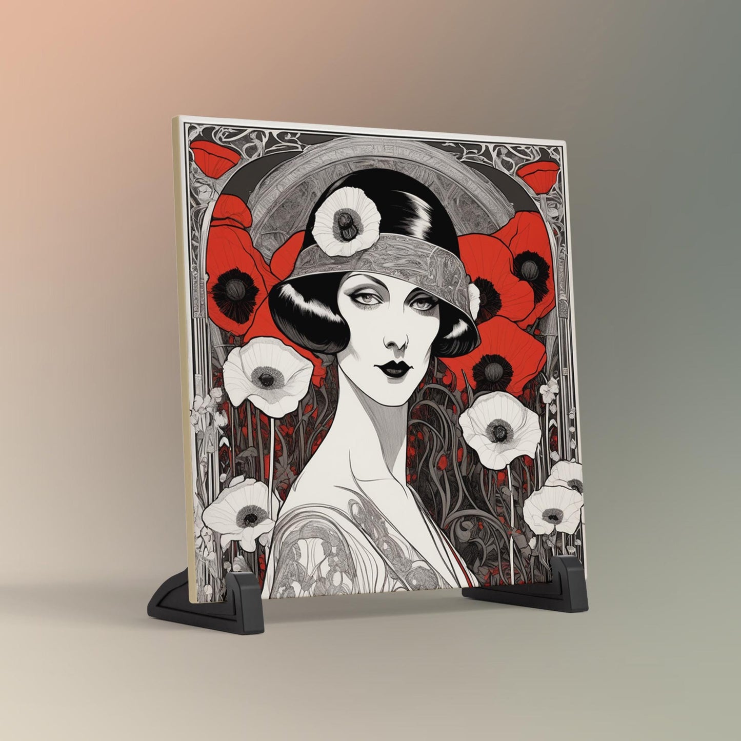 Art Deco Ceramic Tile Art - Red Poppies Woman II Design - Elegant Wall Decor for Home - Unique Gift for Art Lovers - Black and White Art