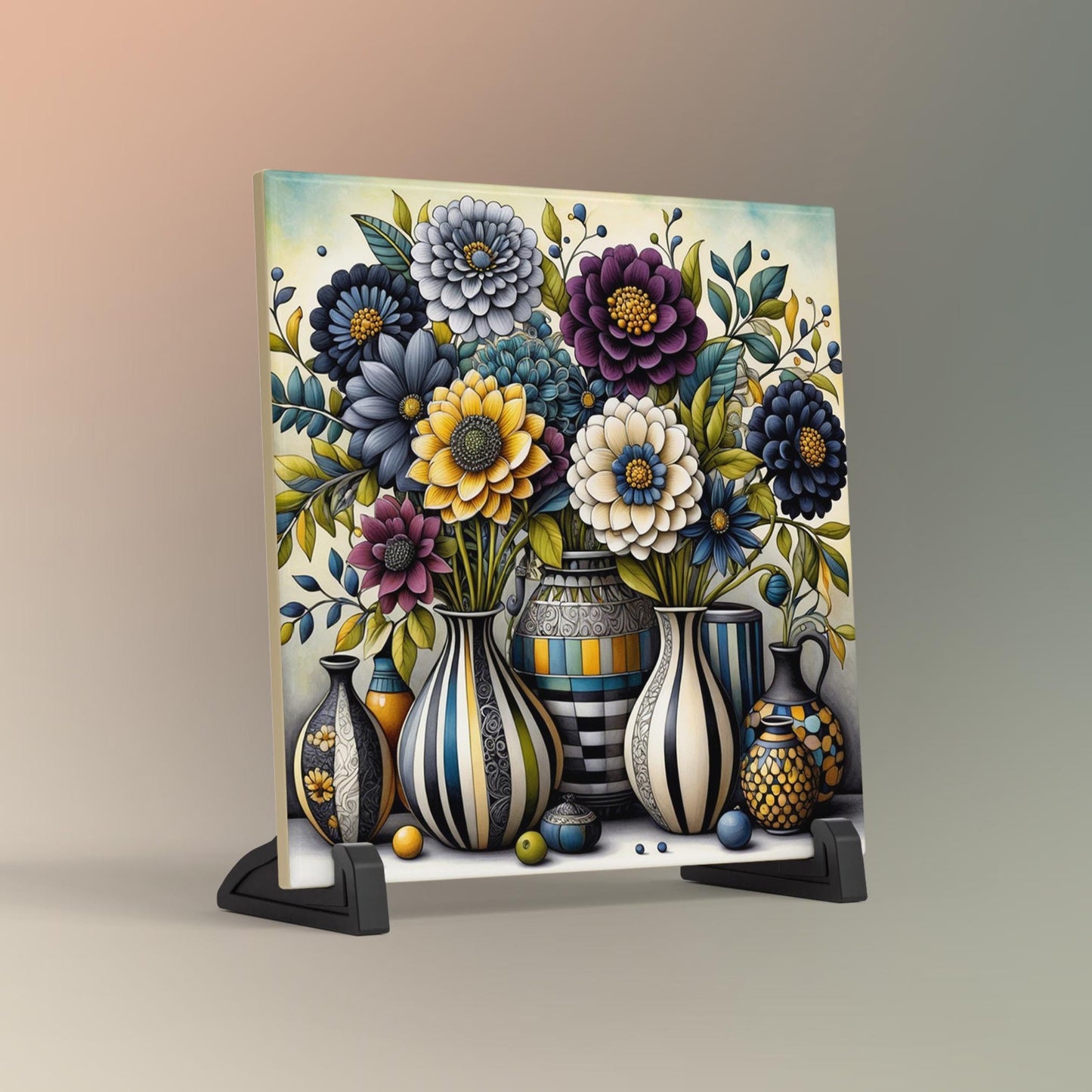 Art Deco Flower Ceramic Tile, Artistic Floral Vase Decor, Beautiful Home Accent, Botanical Art Print, Black and White Artwork