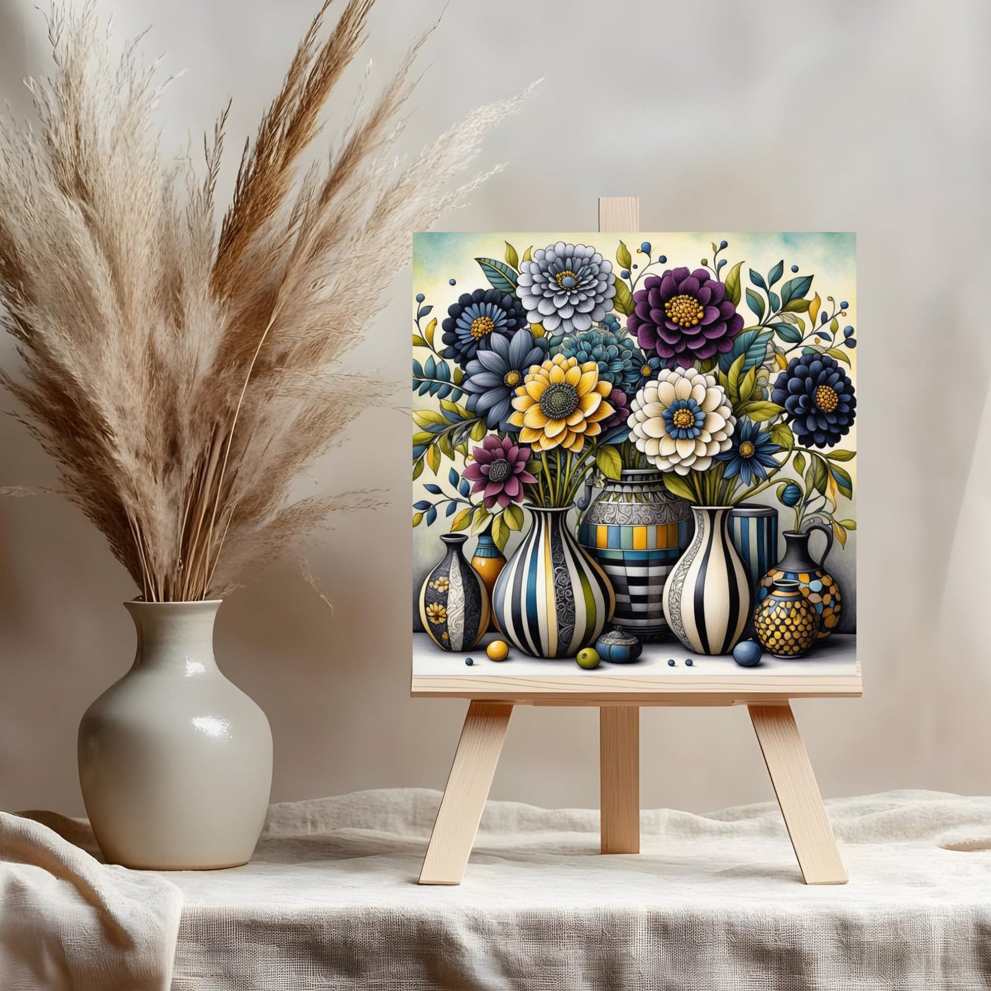 Art Deco Flower Ceramic Tile, Artistic Floral Vase Decor, Beautiful Home Accent, Botanical Art Print, Black and White Artwork