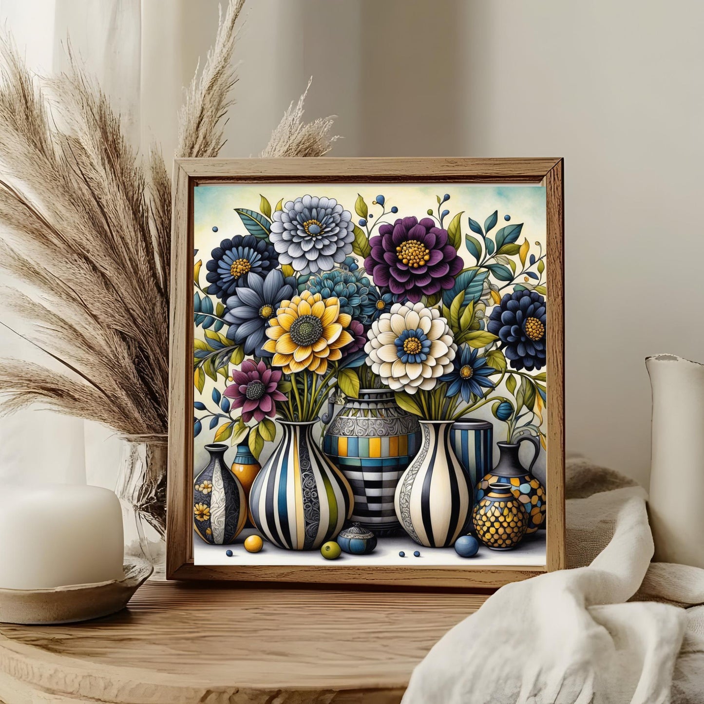 Art Deco Flower Ceramic Tile, Artistic Floral Vase Decor, Beautiful Home Accent, Botanical Art Print, Black and White Artwork
