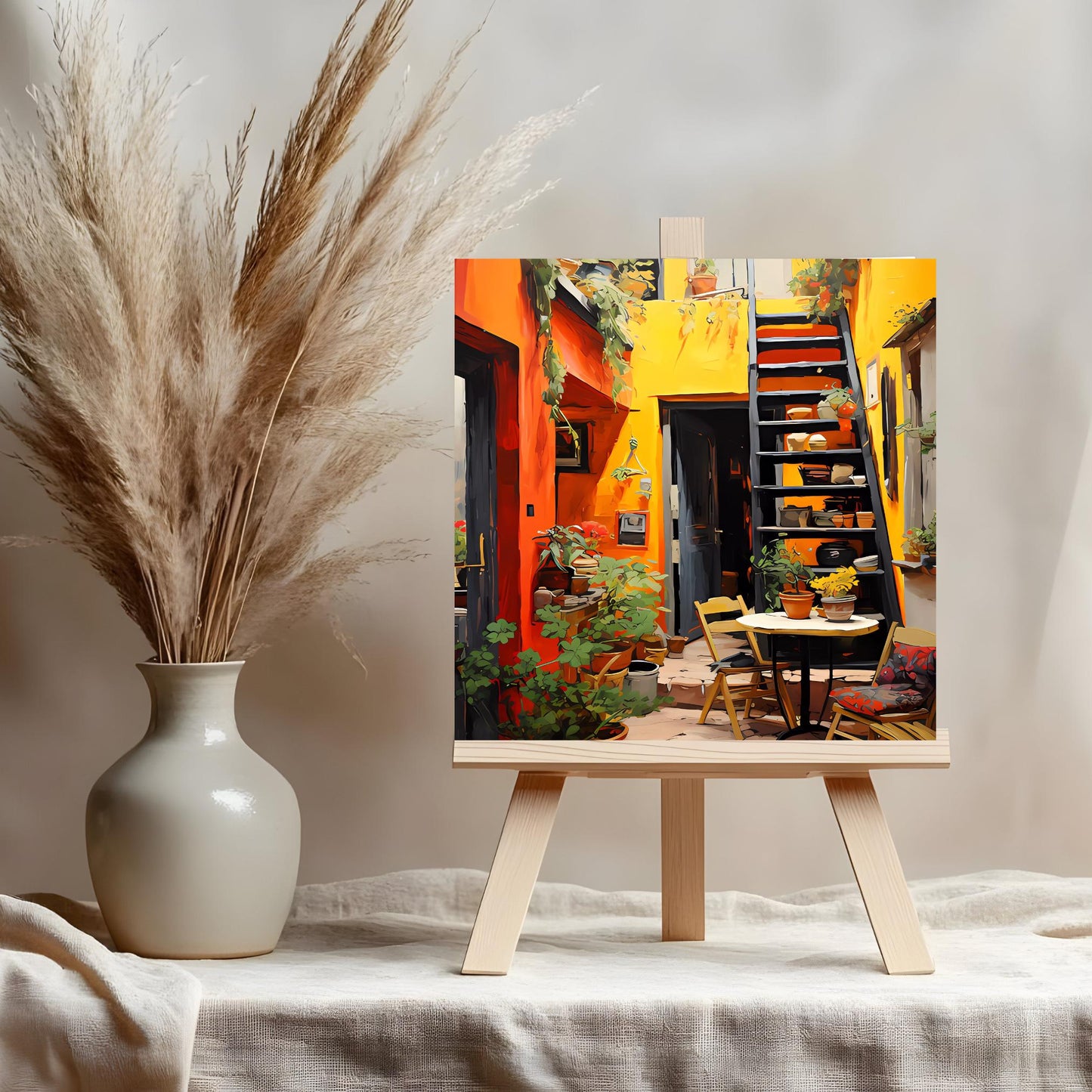 Rustic Mediterranean Street-view Ceramic Tile, Quaint Streetside Cafe Wall Art for Home Décor and Unique Gift
