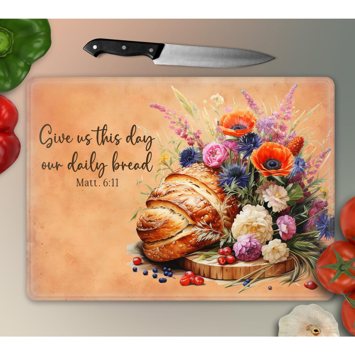Inspirational Glass Cutting Board - "Give Us This Day Our Daily Bread" Tempered Chopping Board for Cheese & Charcuterie Gift