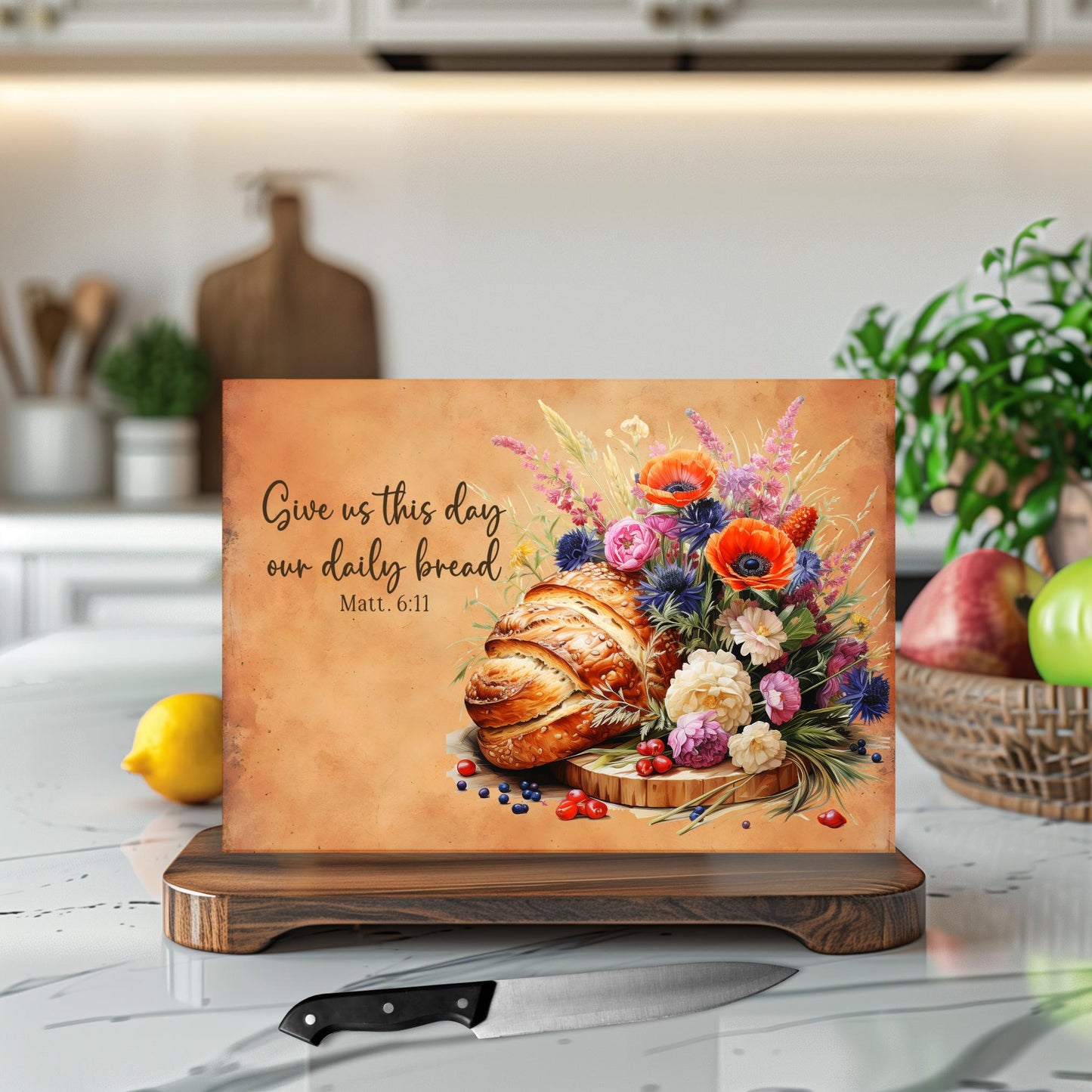Inspirational Glass Cutting Board - "Give Us This Day Our Daily Bread" Tempered Chopping Board for Cheese & Charcuterie Gift