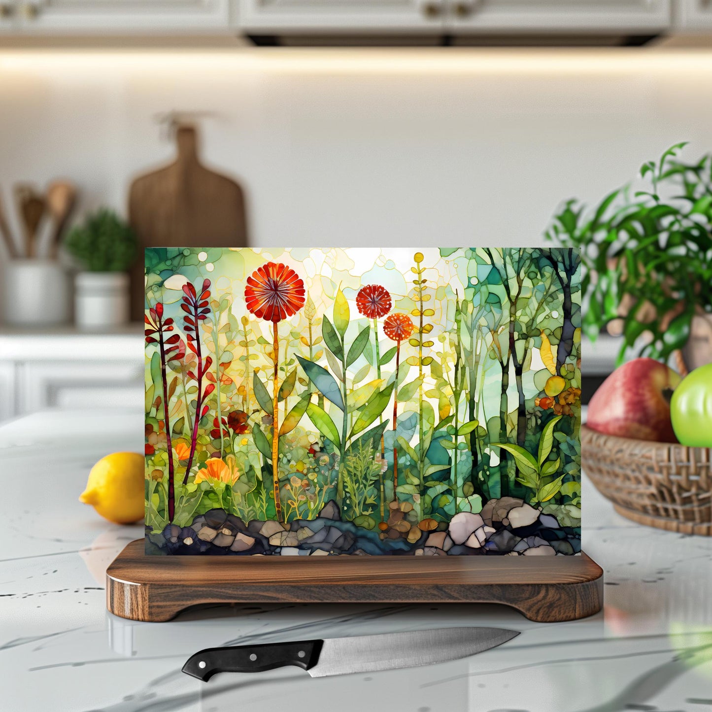 Whimsical Wildflowers Glass Cutting Board - Floral Tempered Glass Chopping Board for Cheese & Charcuterie, Functional Kitchen Art