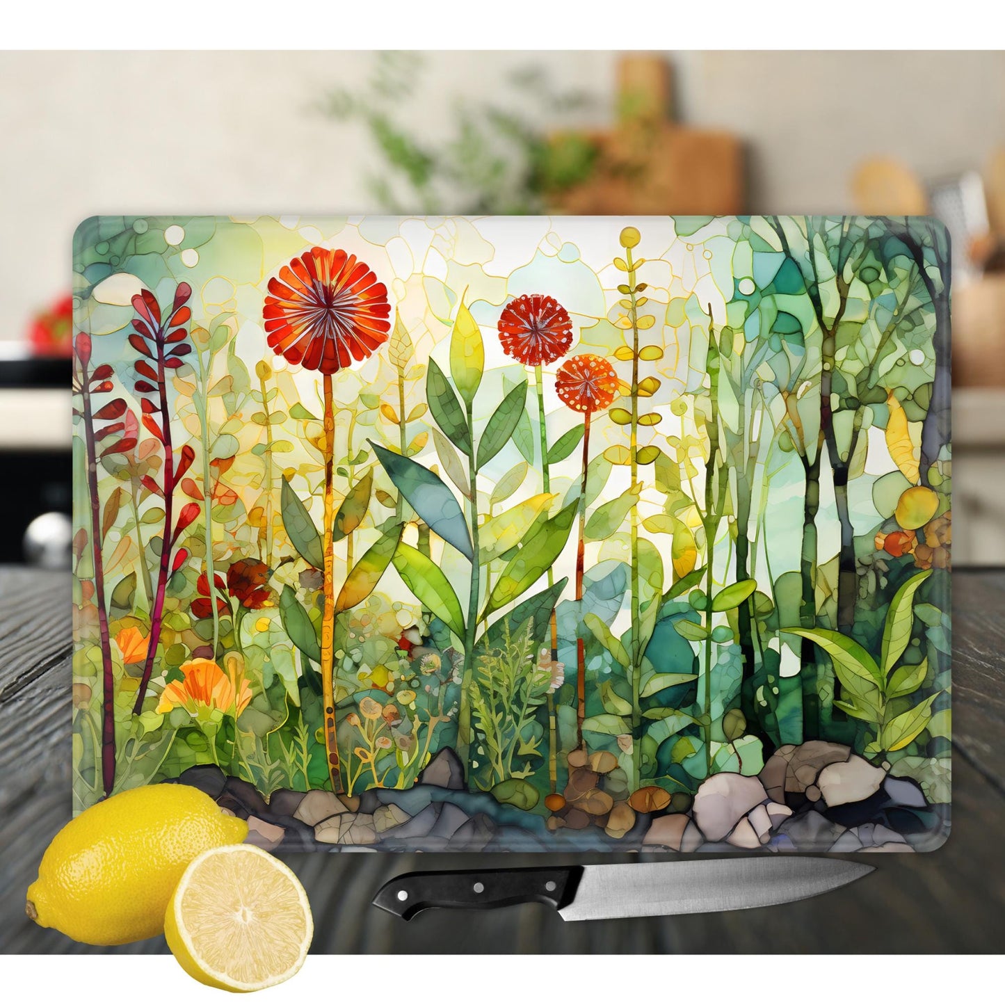 Whimsical Wildflowers Glass Cutting Board - Floral Tempered Glass Chopping Board for Cheese & Charcuterie, Functional Kitchen Art