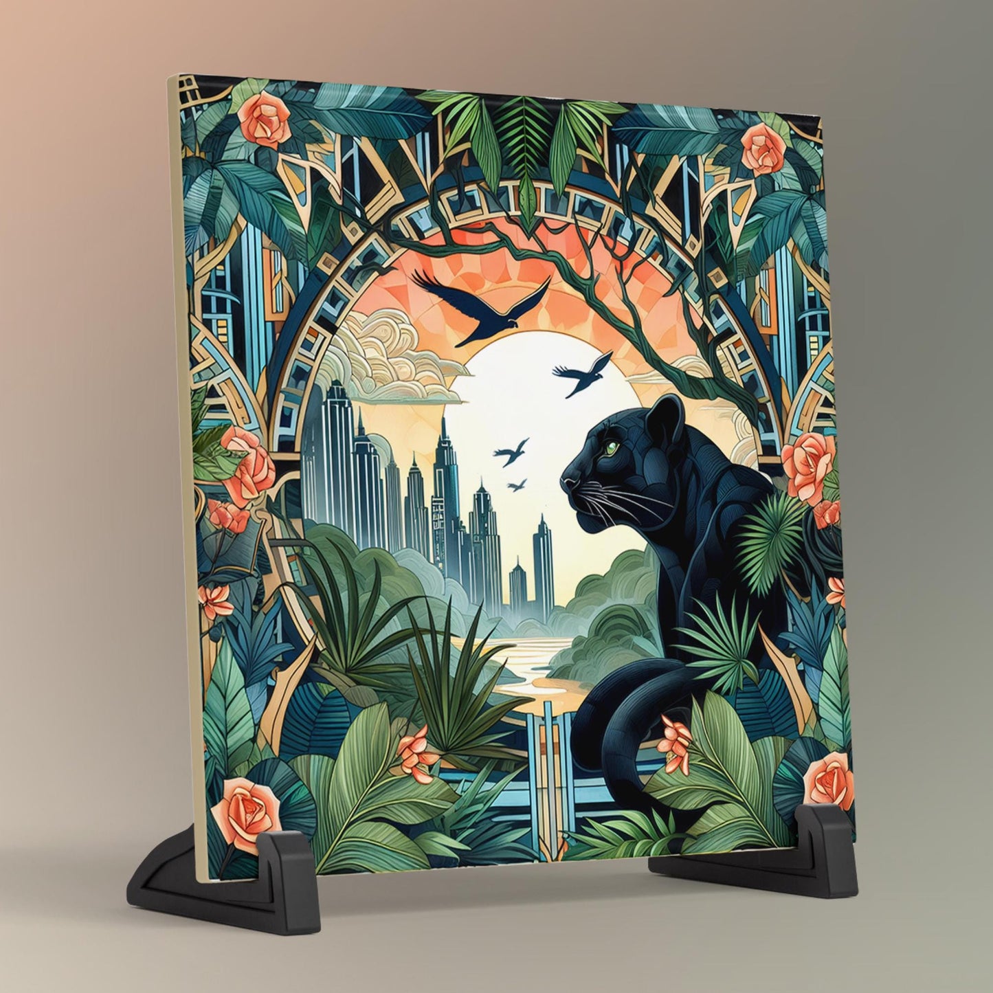Art Nouveau Panther Ceramic Art Tile, Decorative Tile Inspired by William Morris, Unique Home Decor