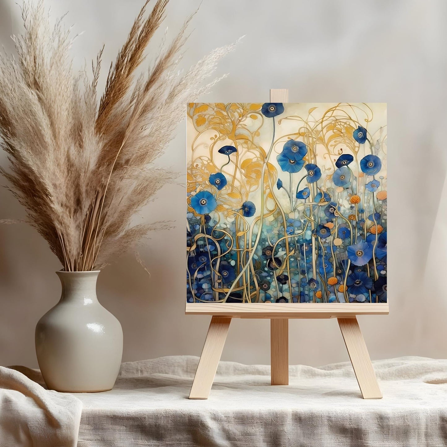 Klimt Inspired Ceramic Tile Wall Art, Abstract Floral Art Print, Art Nouveau Blue Poppies Wall Hanging - Art Print Ready to Display