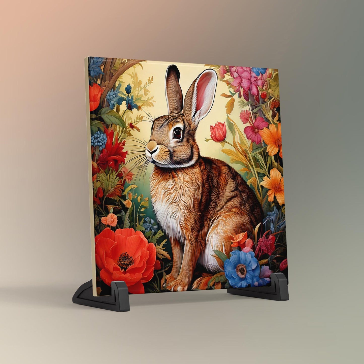 William Morris Inspired Rabbit Ceramic Tile, Art Nouveau Bunny Wall Decor, Floral Trivet for Kitchen, Nature Lovers Spring Summer Plaque