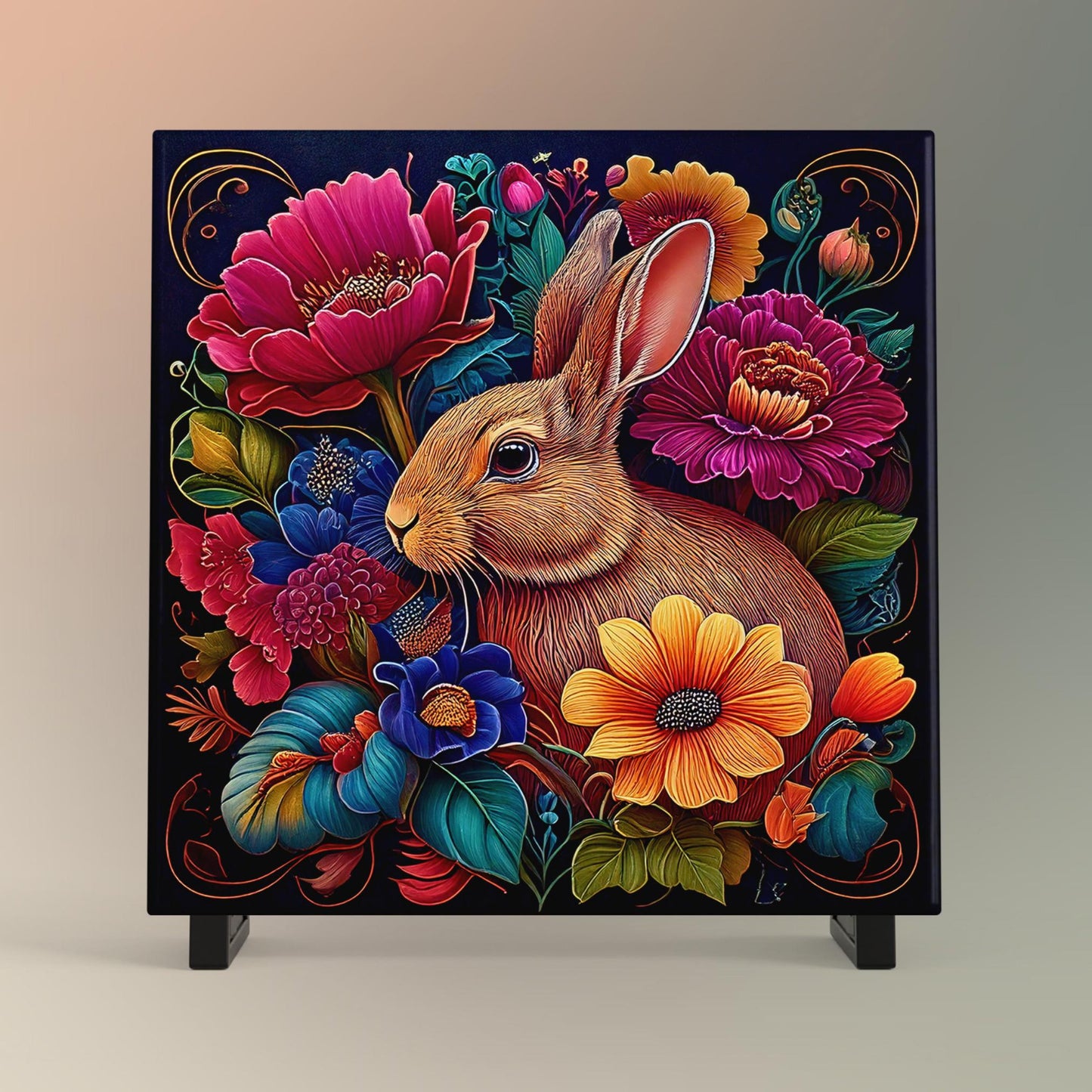 Art Nouveau Rabbit Ceramic Tile, William Morris Inspired Hare Wall Decor, Floral and Bunny Trivet, Nature Lovers Spring Art, 3 Styles