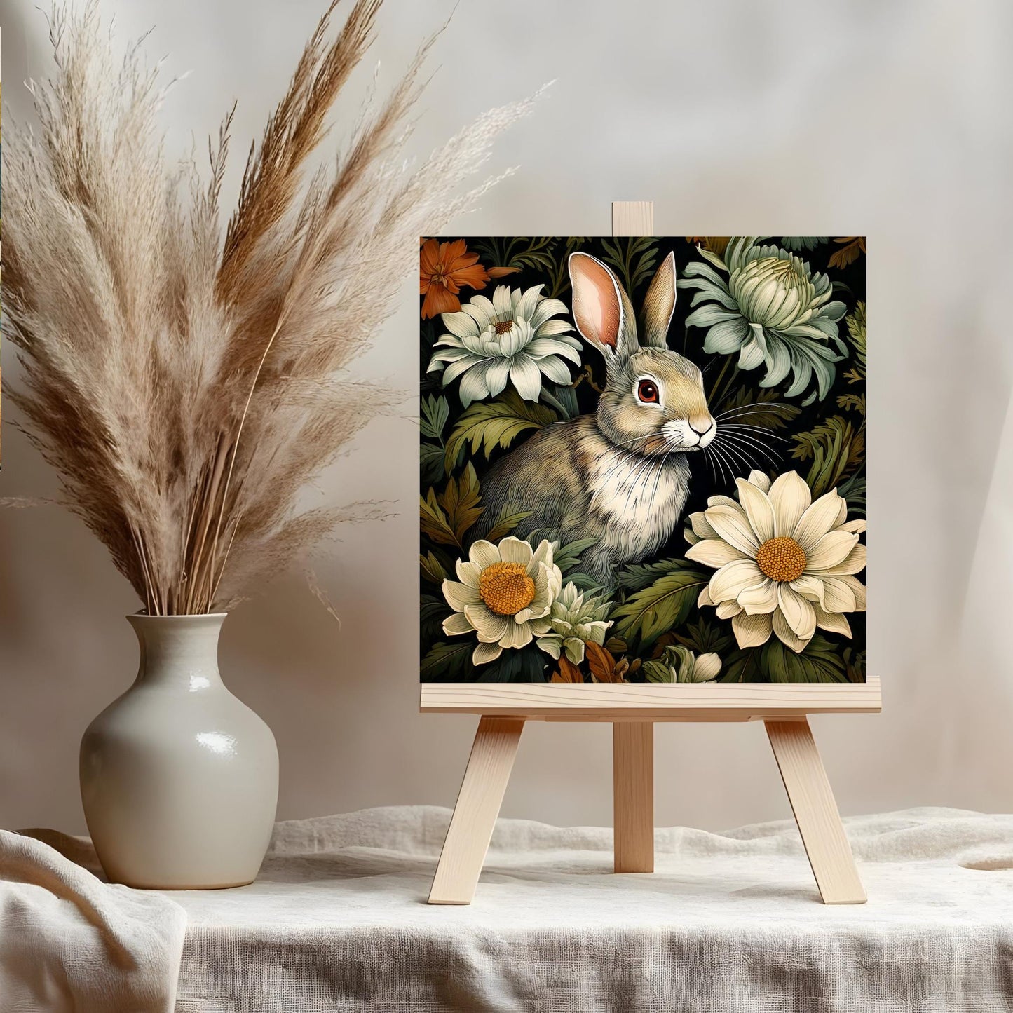 William Morris Inspired Rabbit Ceramic Tile, Art Nouveau Bunny Wall Decor, Floral Trivet for Kitchen, Nature Lovers Plaque