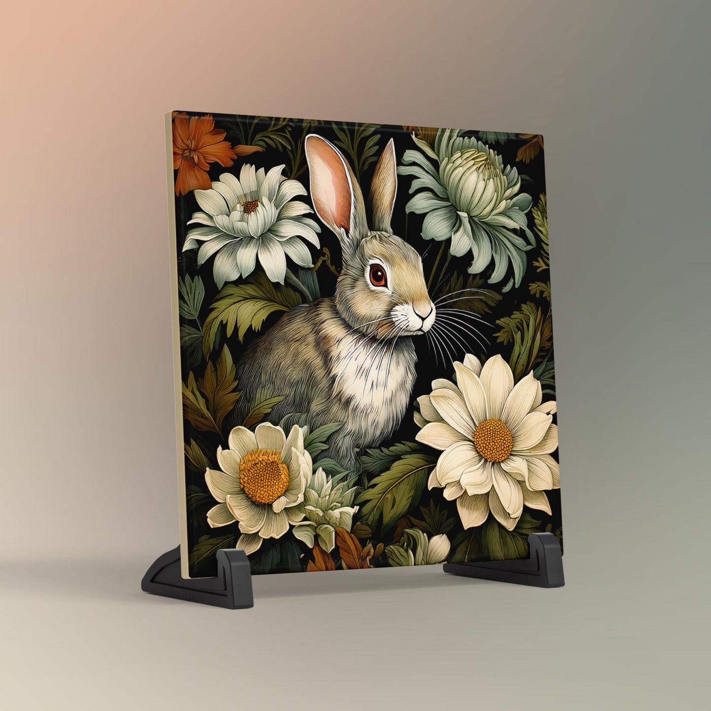 William Morris Inspired Rabbit Ceramic Tile, Art Nouveau Bunny Wall Decor, Floral Trivet for Kitchen, Nature Lovers Plaque