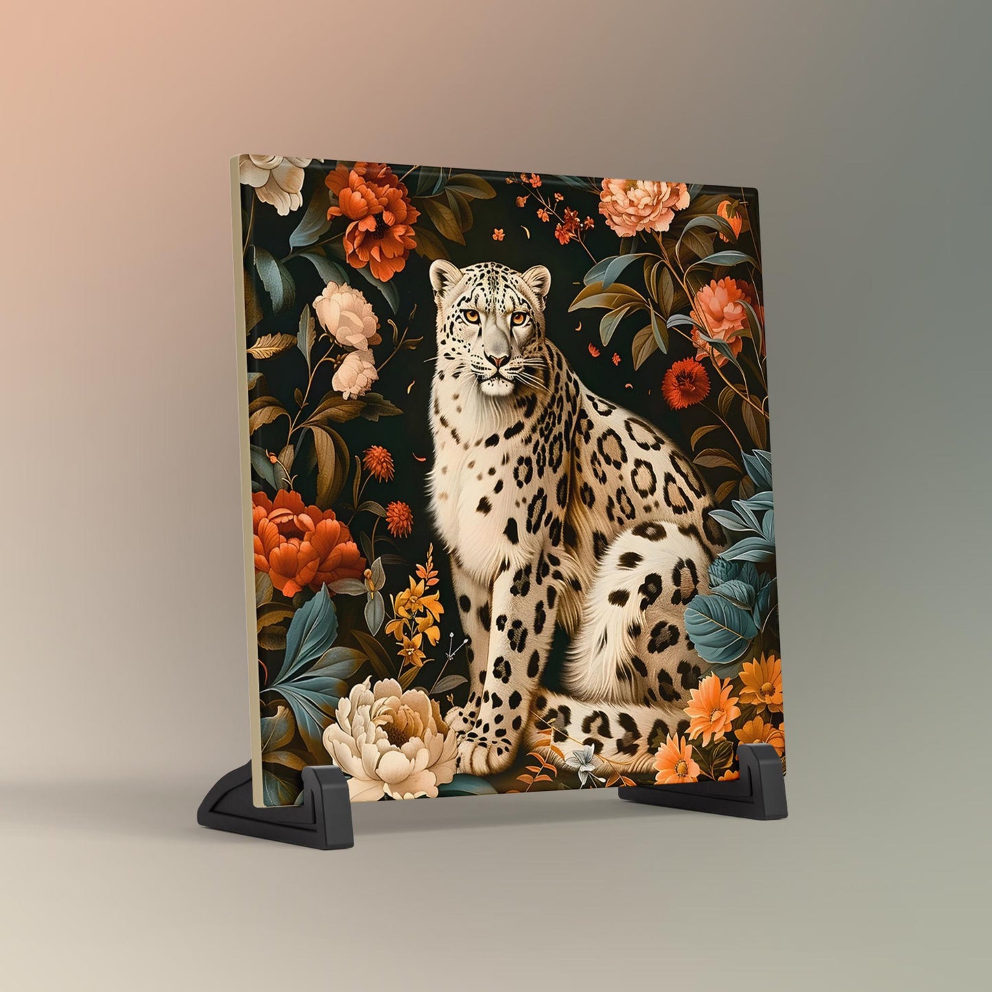 William Morris Inspired Snow Leopard Ceramic Tile | Art Nouveau Wall Decor | Vintage Art | Traditional Decor | Classic Wall Art
